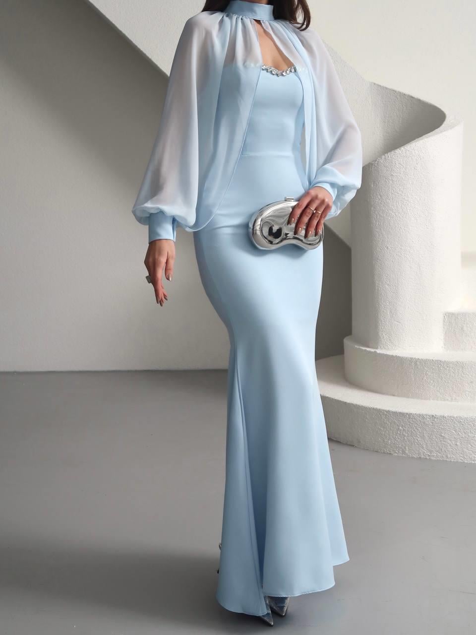 Kalp Yaka Taşlı Tasarım Şifon Elbise Angeline