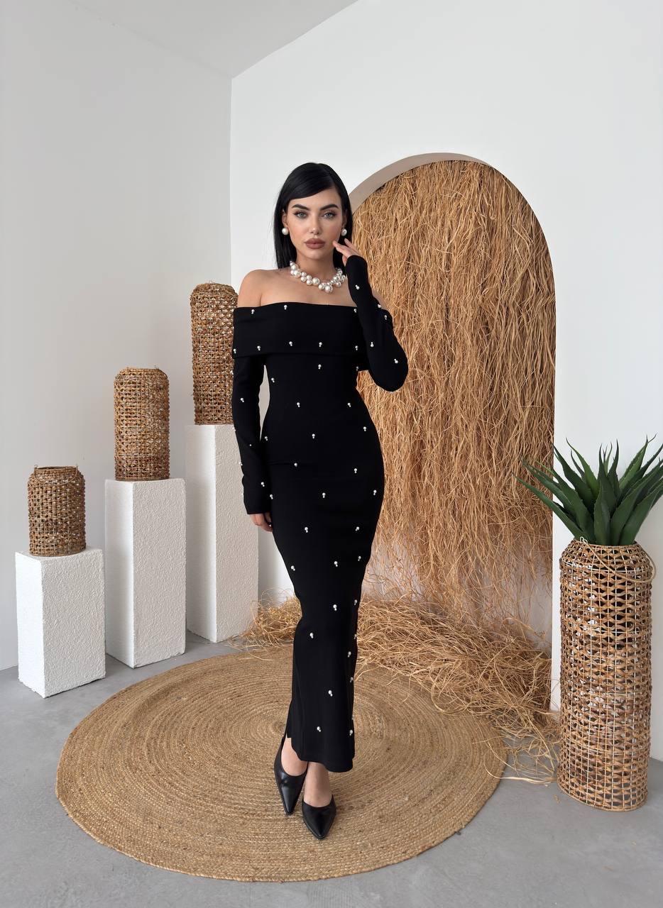 Marvella İnci Boncuk Detay Straplez Uzun Elbise