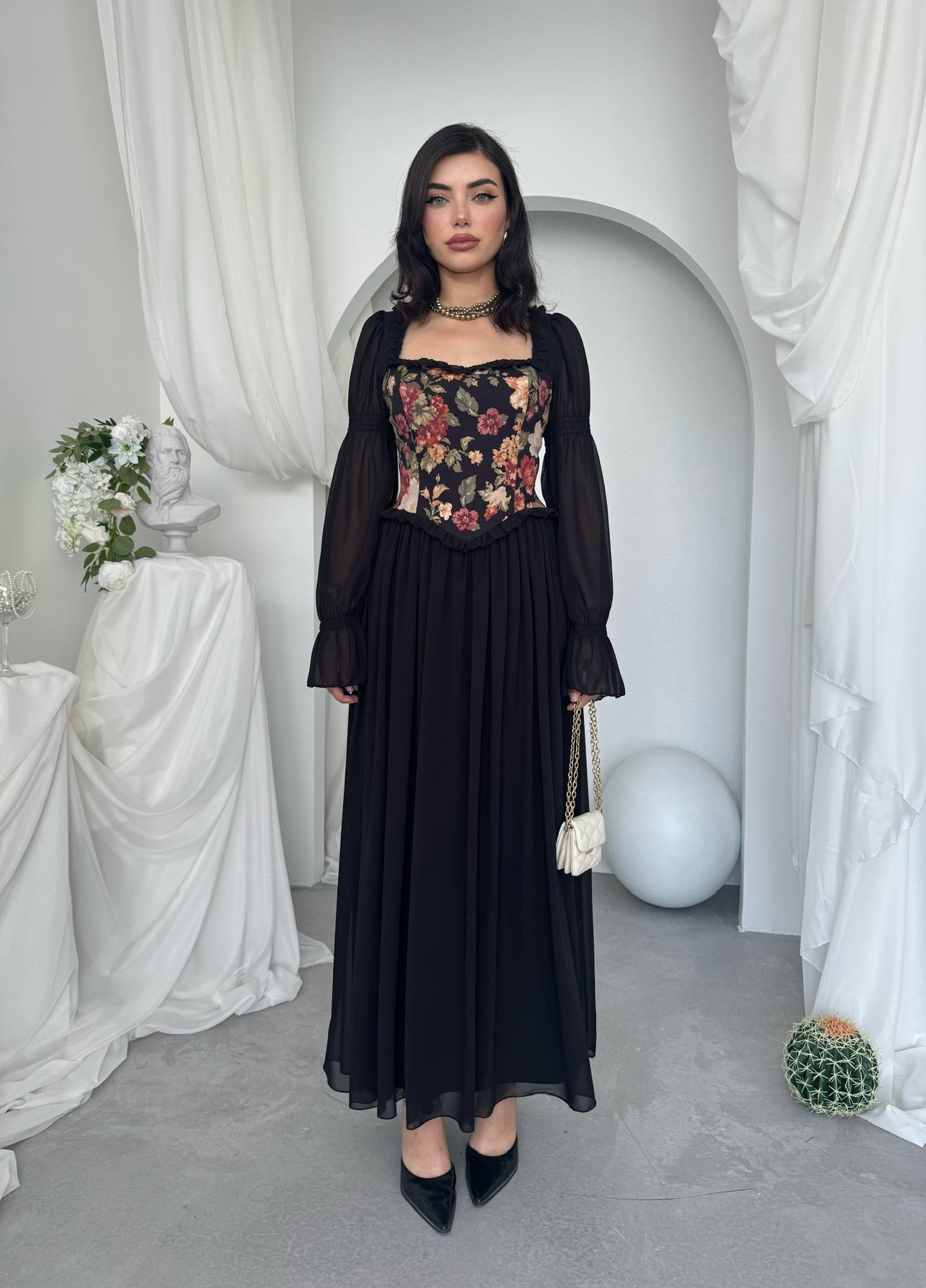 Elfı Çiçek Detaylı Elbise Kod 01041