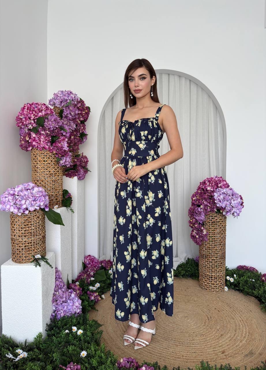 Lemon Baskılı Yırtmaç Detay Uzun Elbise