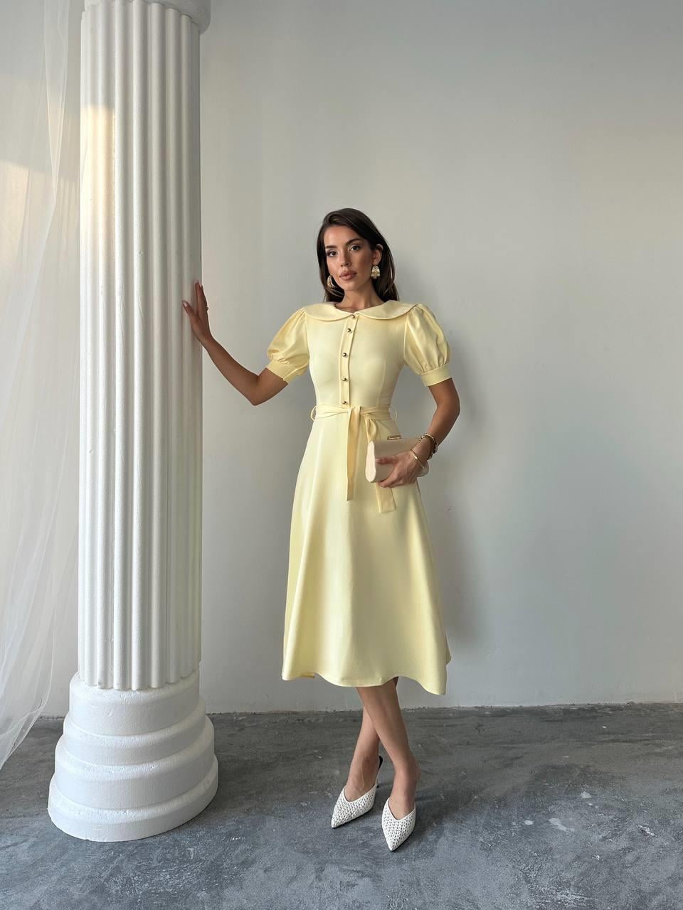 	Bebe Yaka Gold Düğmeli Atlas Midi Elbise
