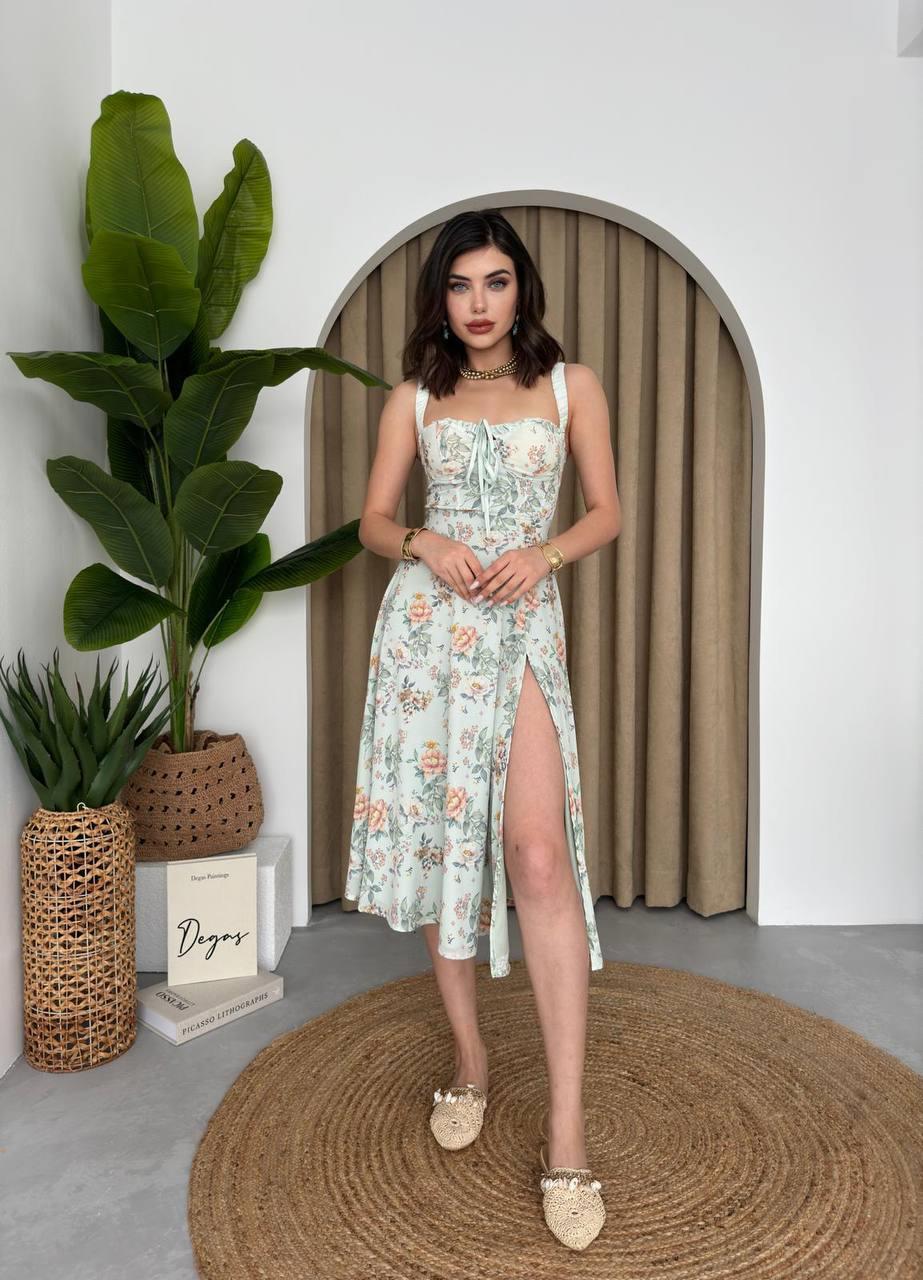 Çiçek Desenli Askılı Midi Elbise