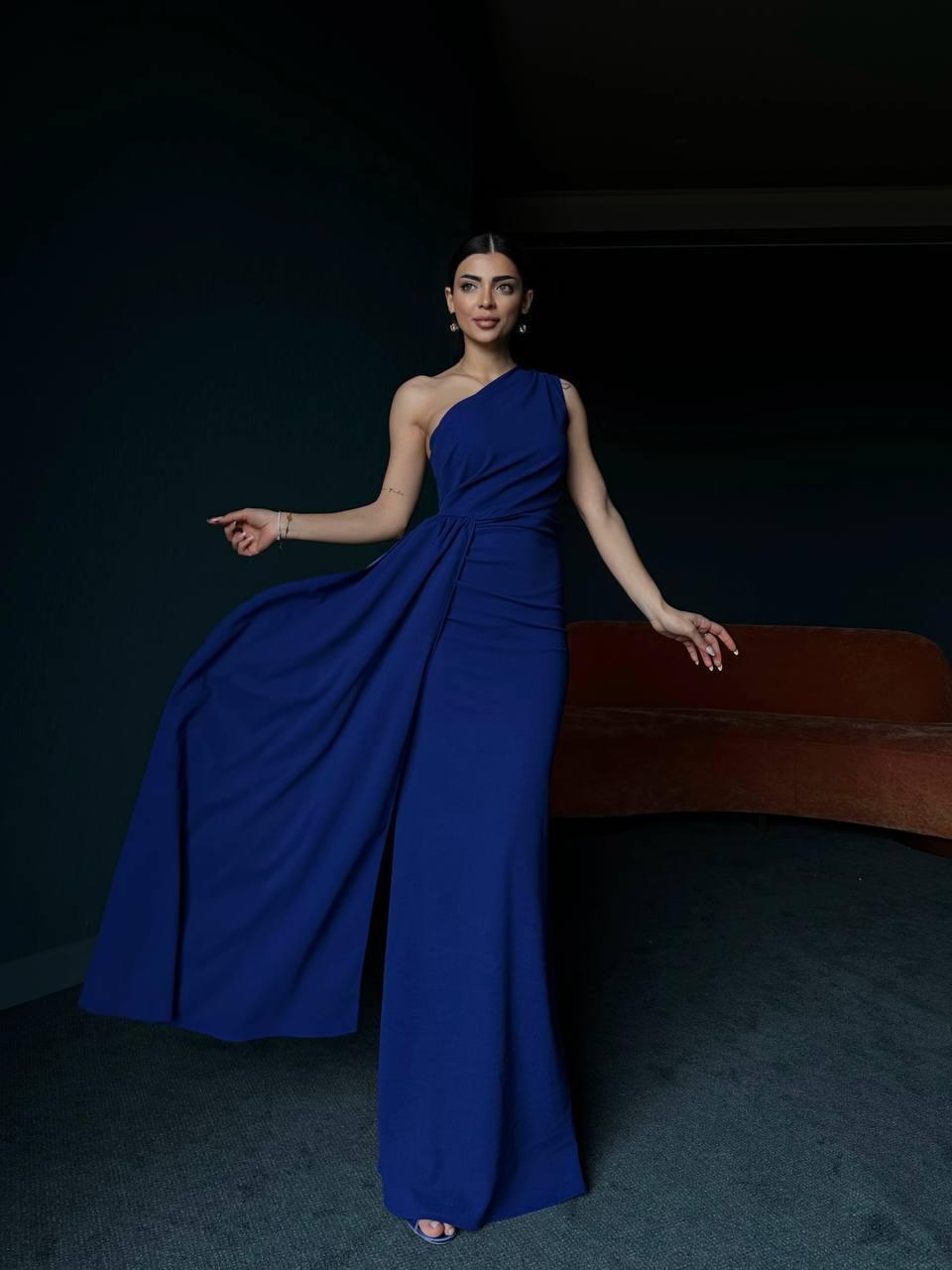 Adel Tek Omuz Uzun Şık Elbise Saks