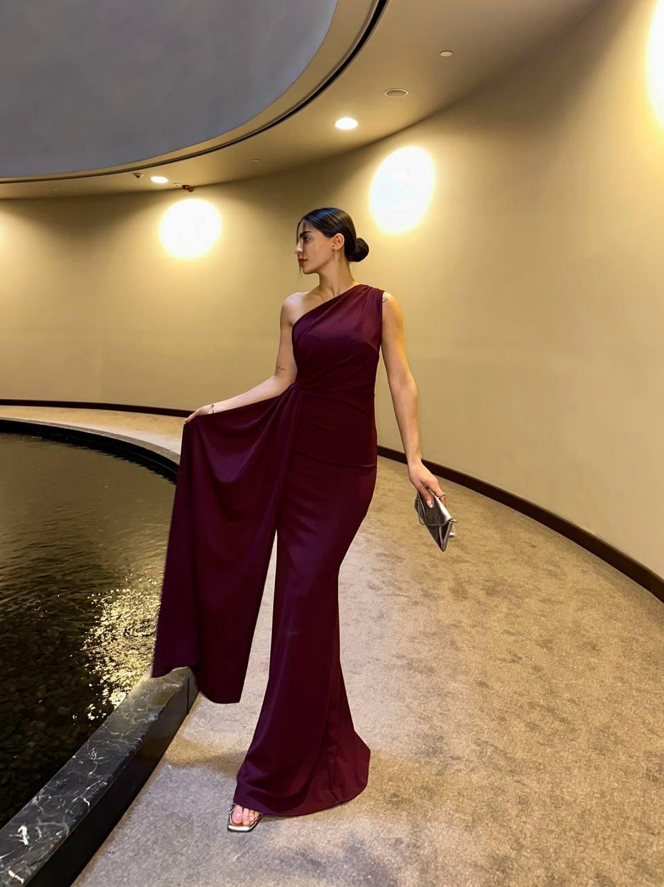 Adel Tek Omuz Uzun Şık Elbise Bordo