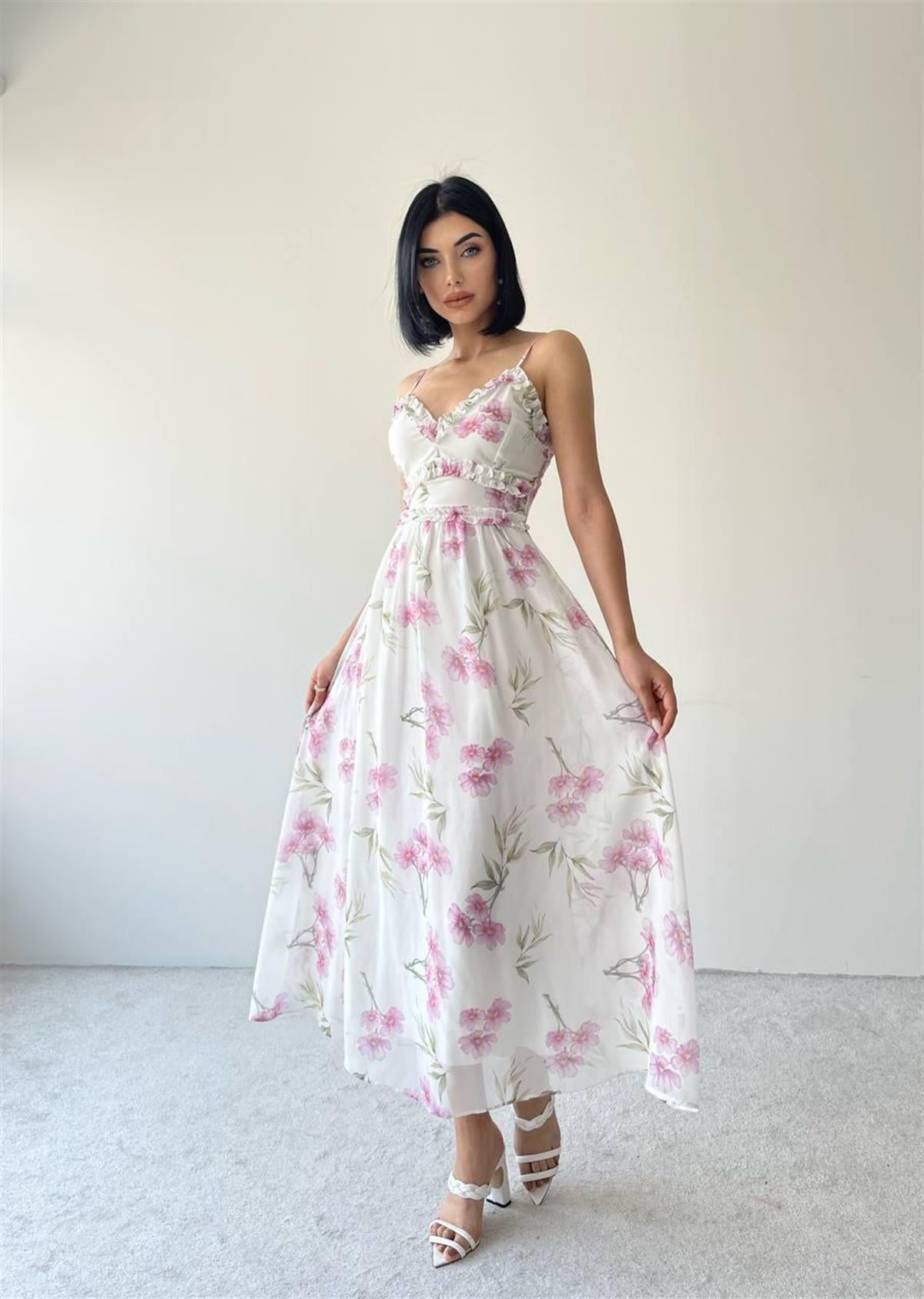 Amazing Askılı Şifon Elbise - Beyaz