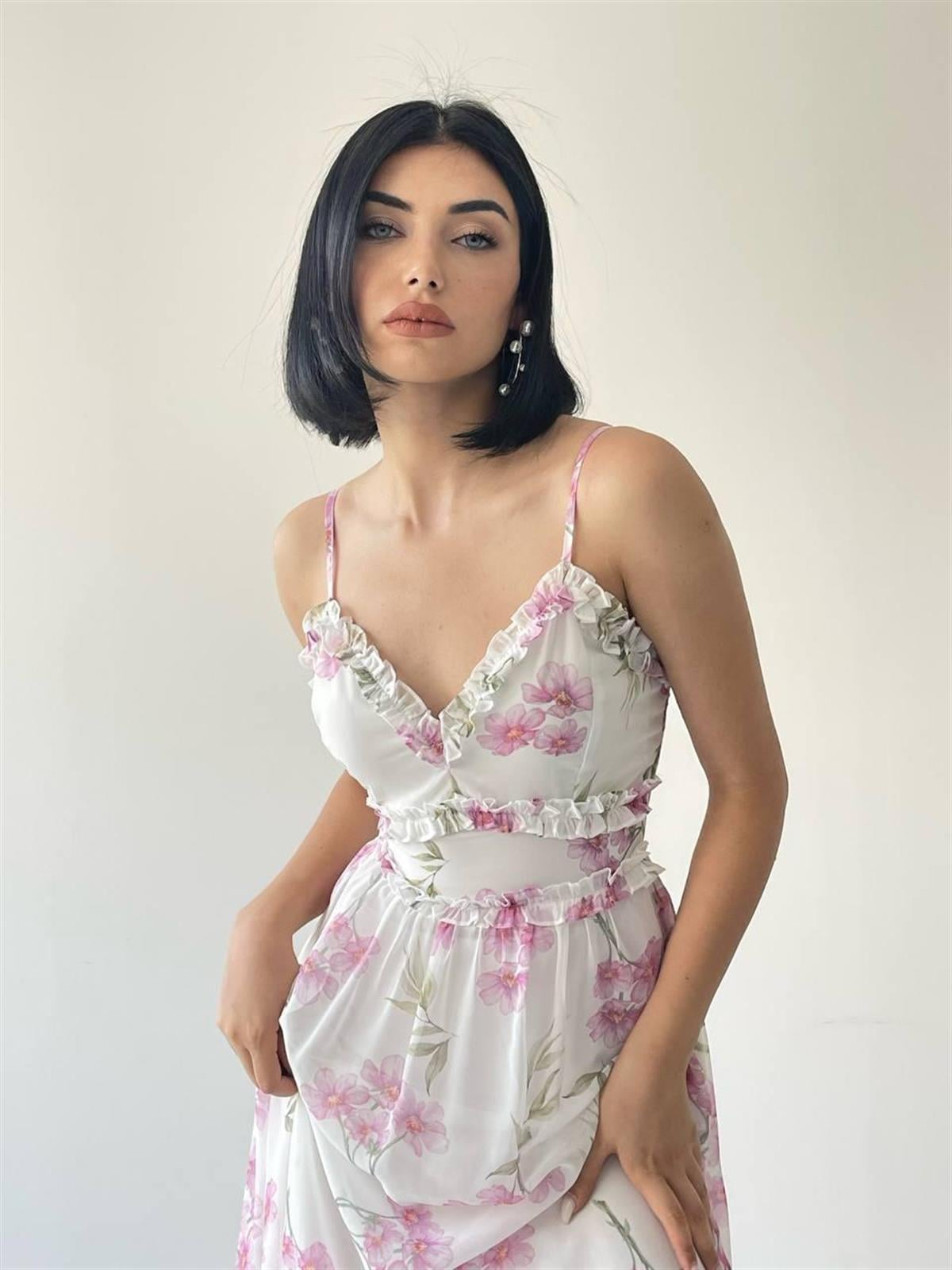 Amazing Askılı Şifon Elbise - Beyaz