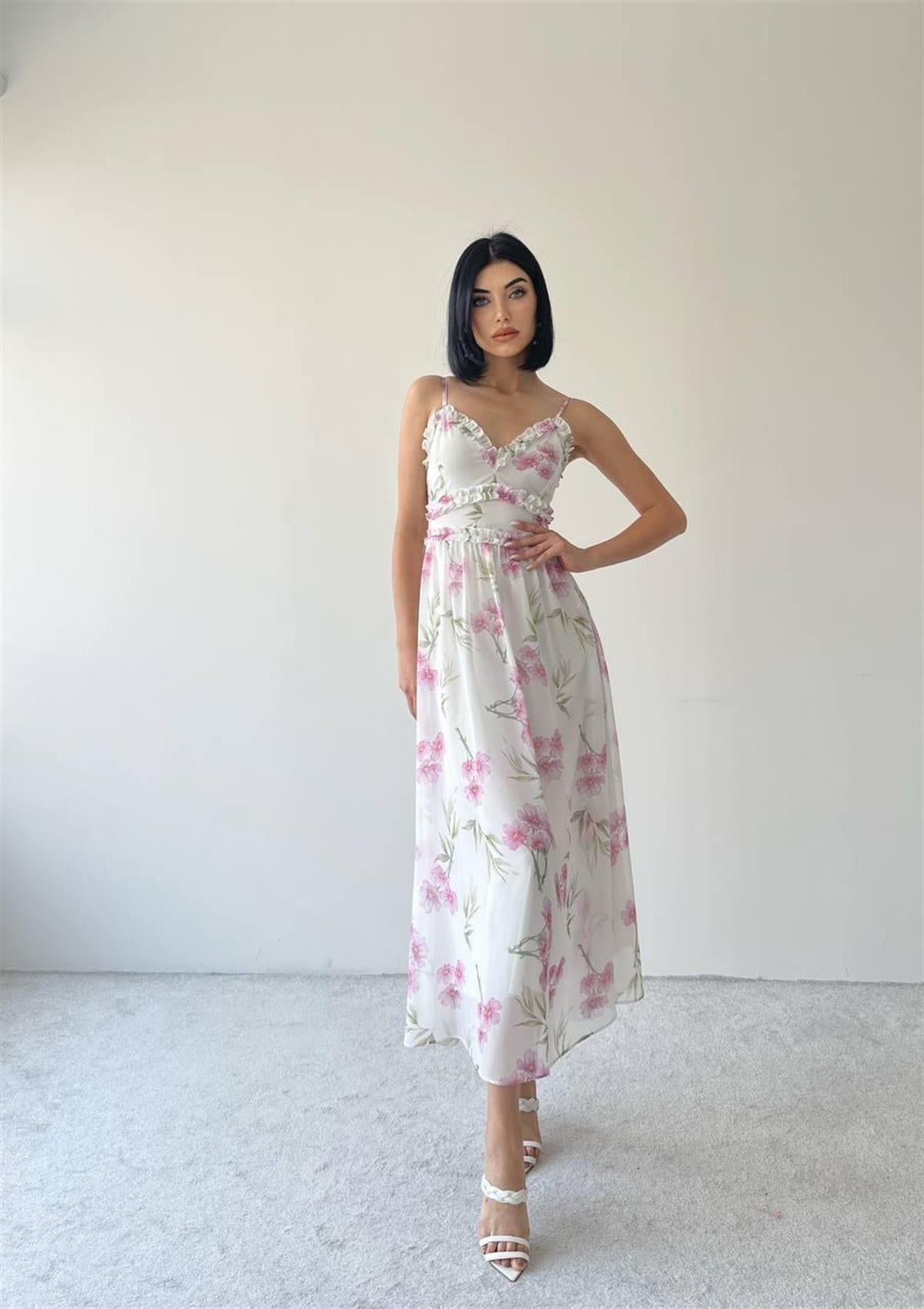 Amazing Askılı Şifon Elbise - Beyaz