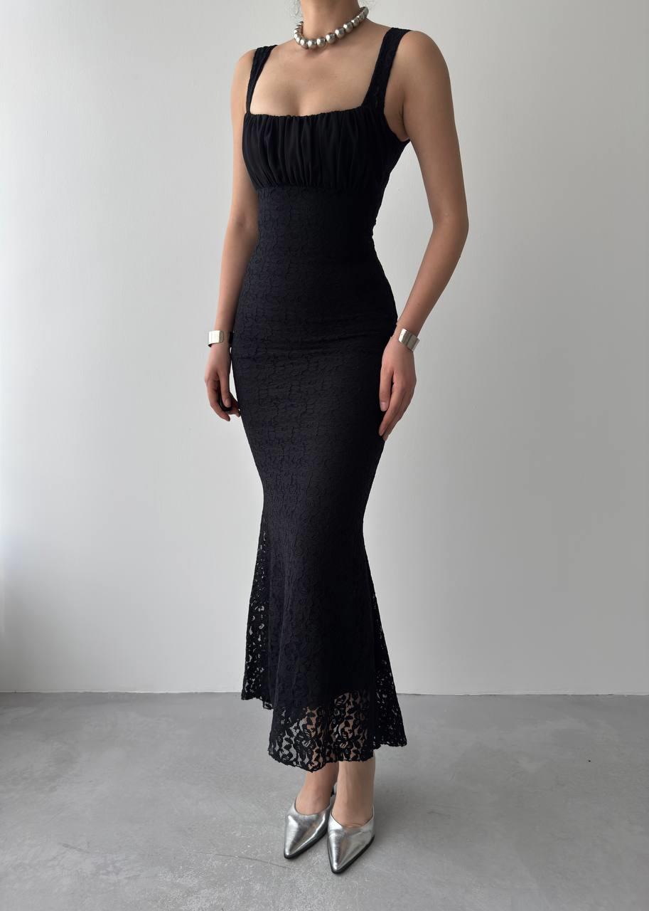 Angel Dantel Kalın Askılı Uzun Elbise  