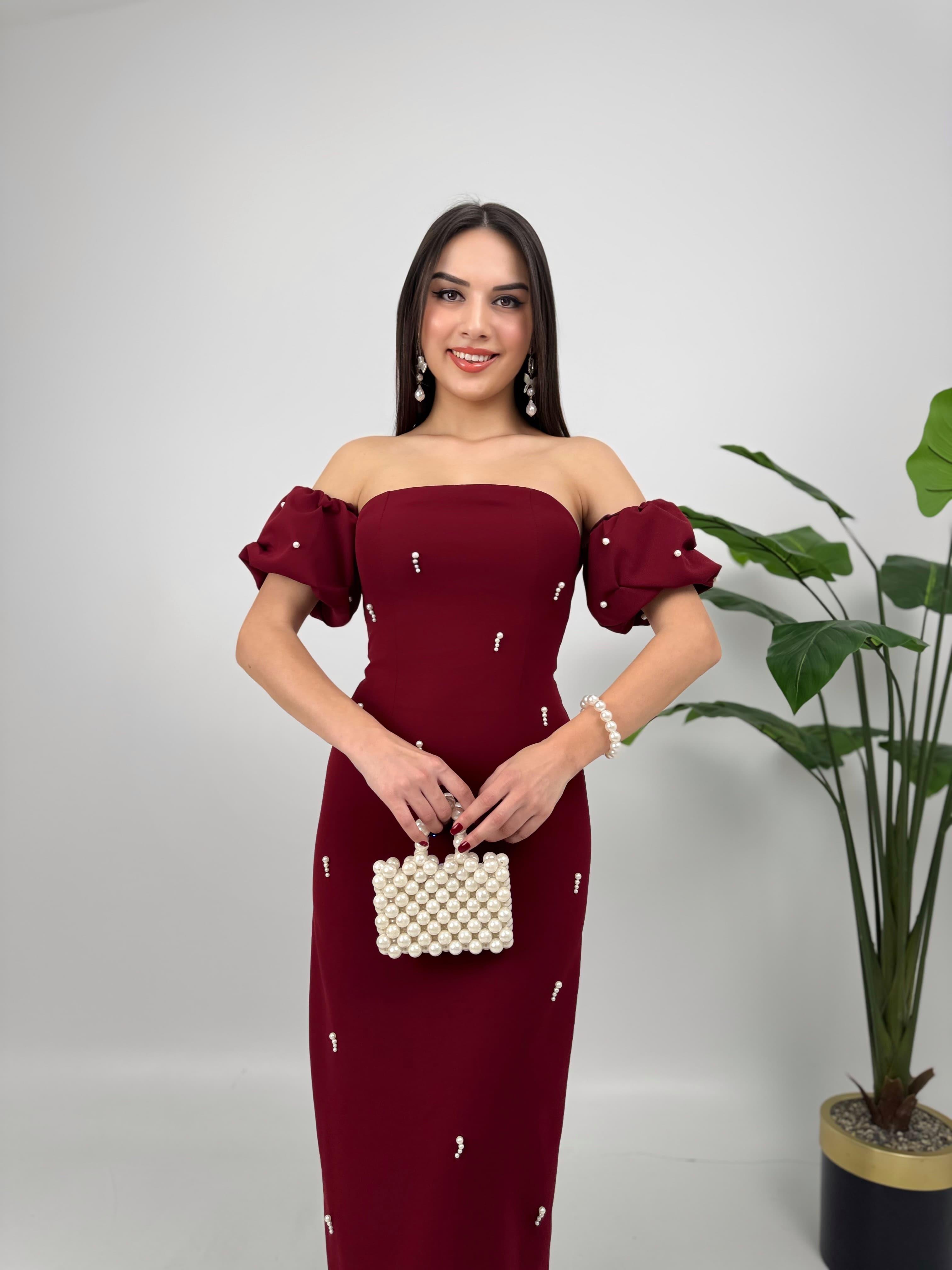 Arabella İncili Atlas Uzun Elbise