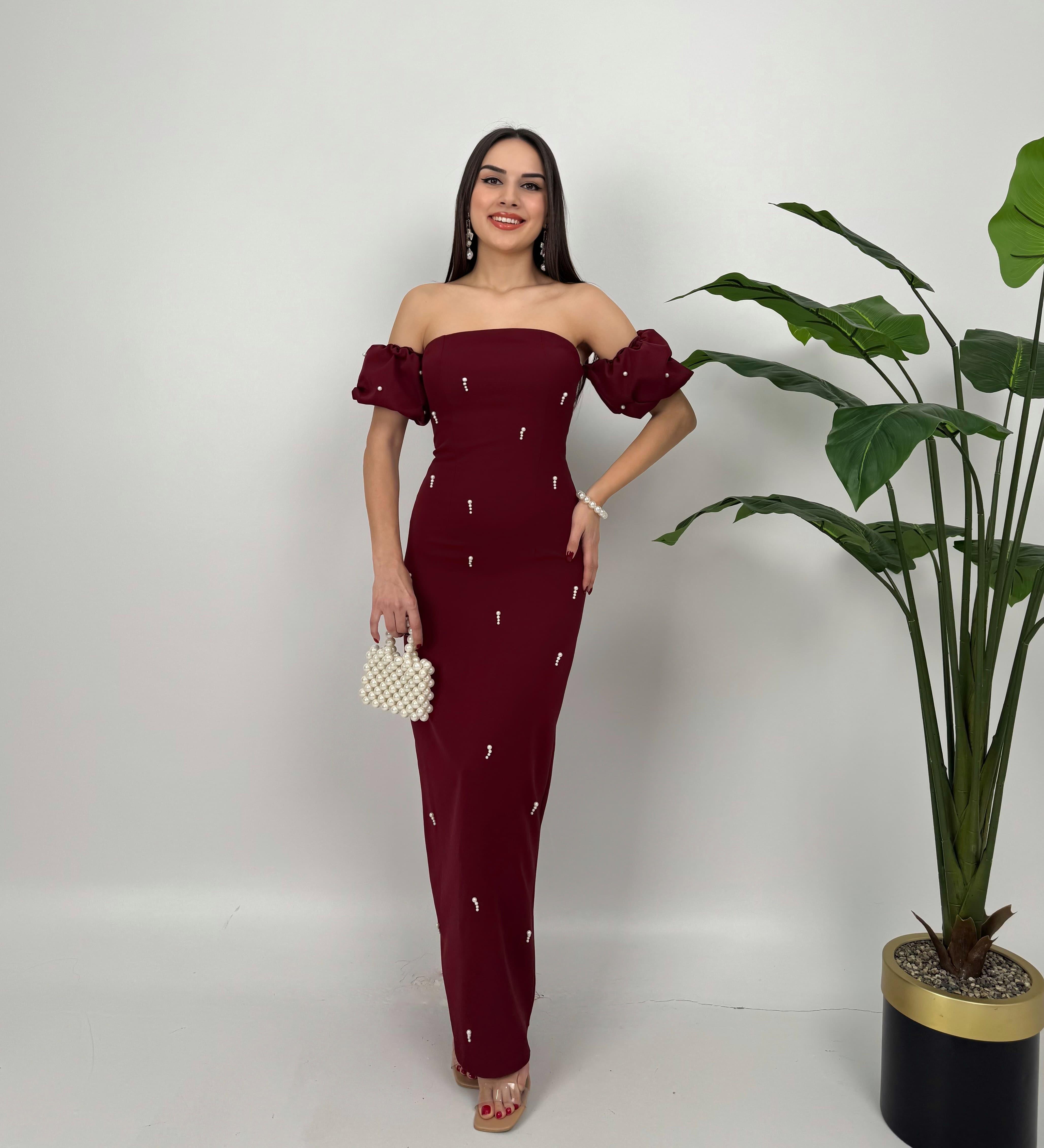 Arabella İncili Atlas Uzun Elbise