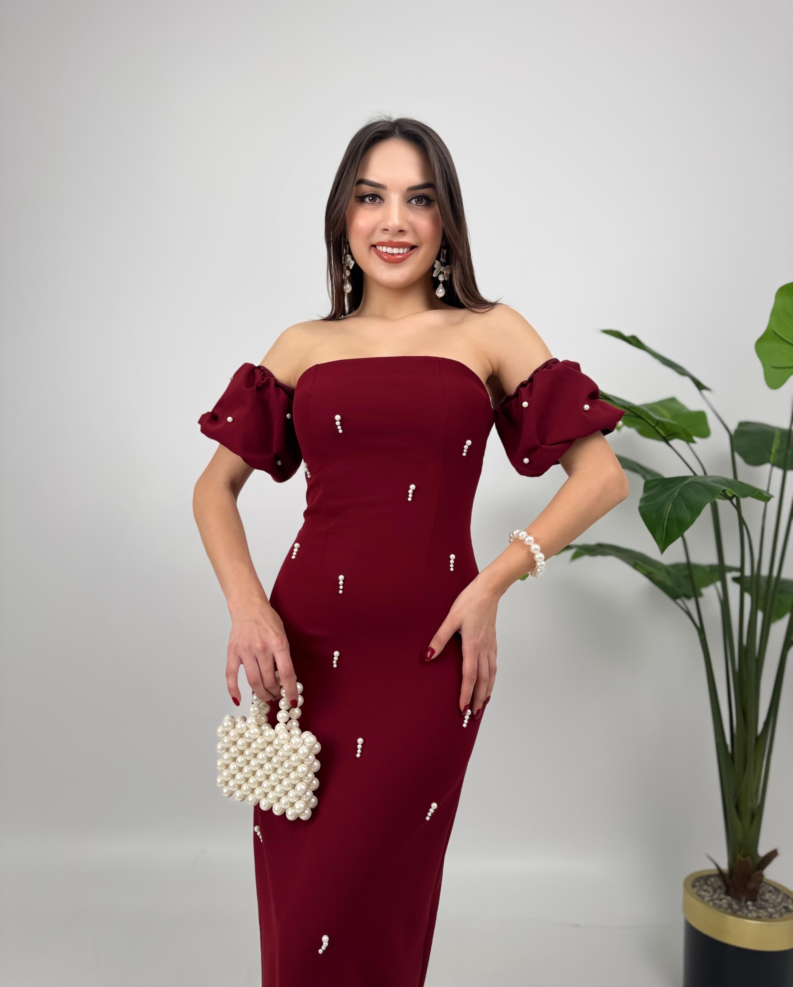 Arabella İncili Atlas Uzun Elbise