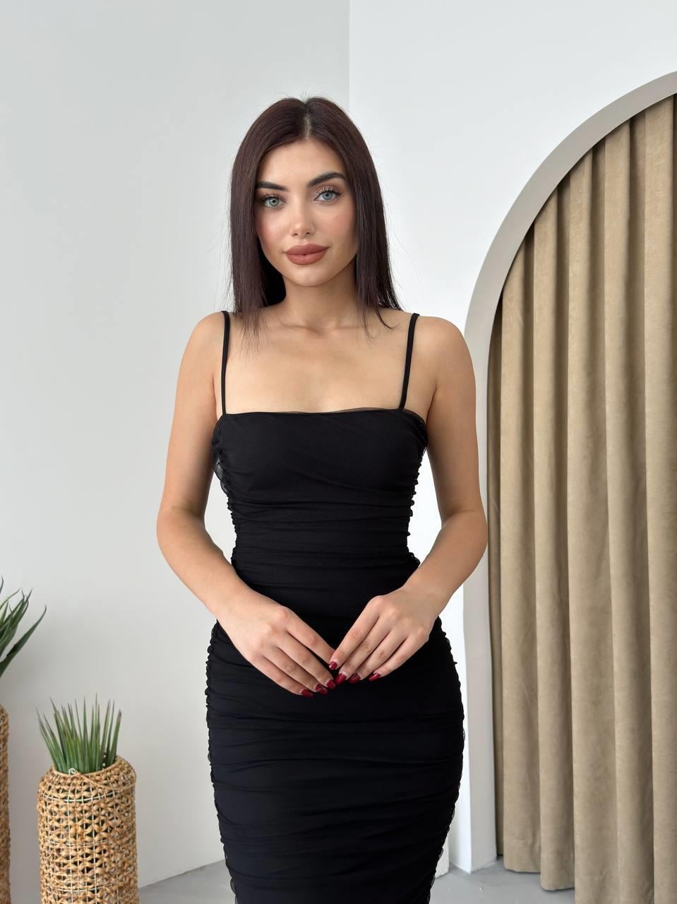 Askılı Drapeli Tül Midi Elbise