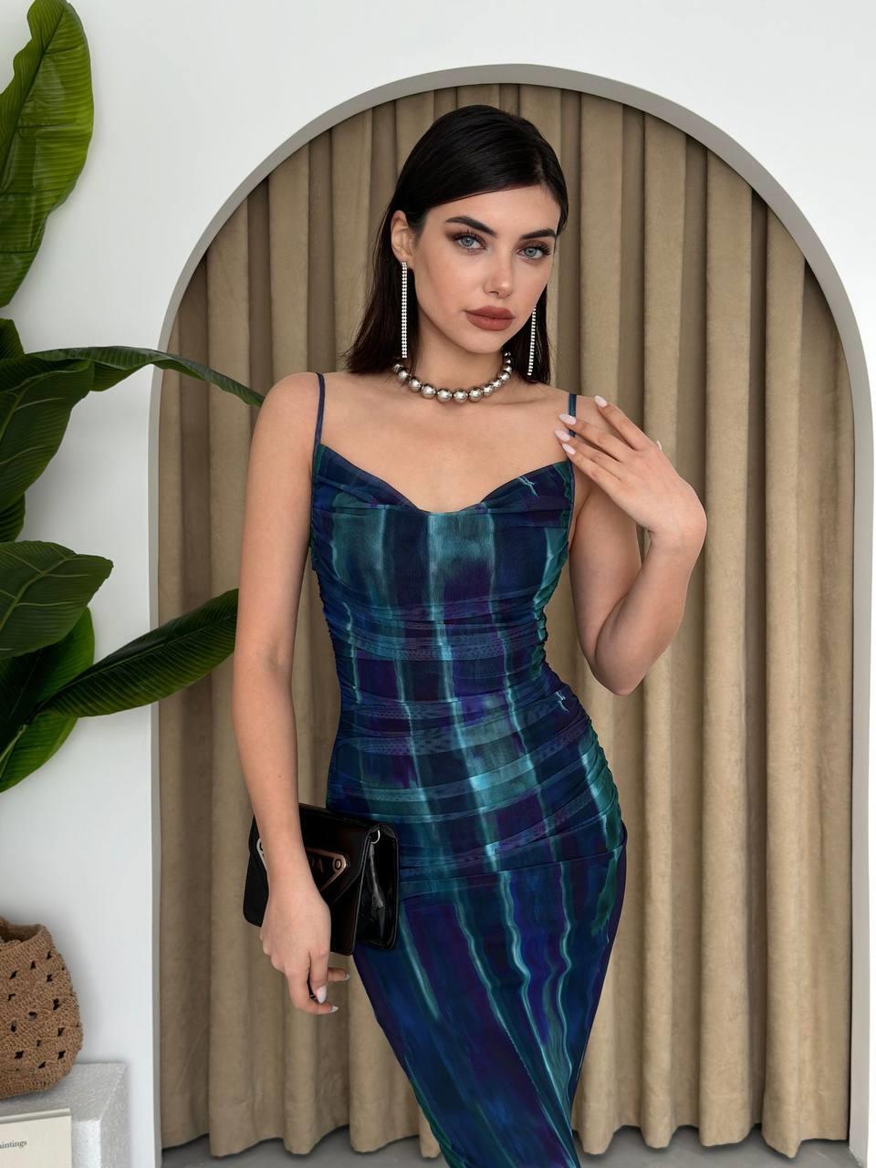 Askılı Mavim Midi Tül Elbise