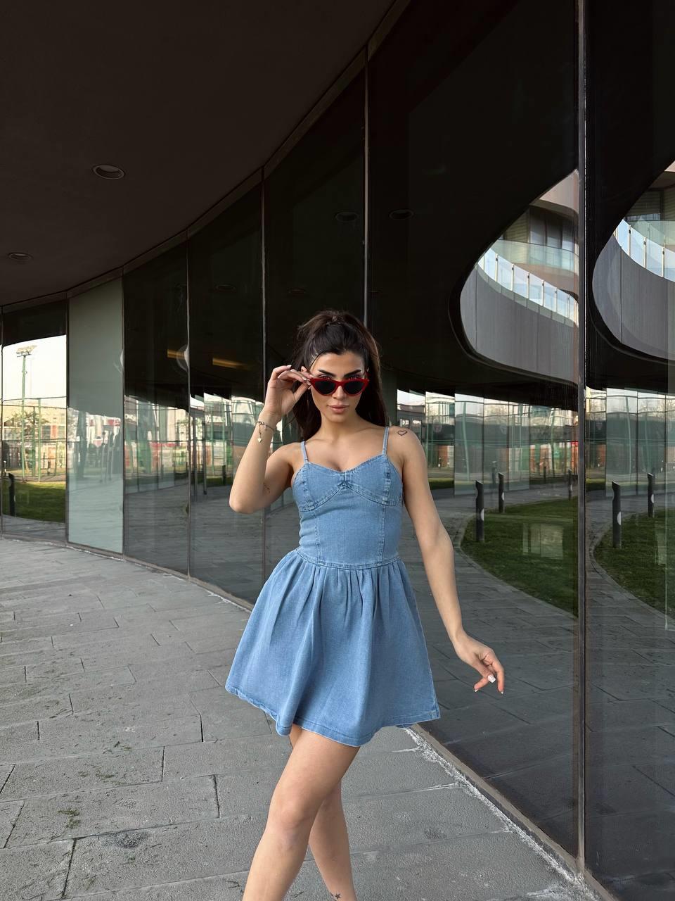 Askılı Mini Denim Elbise