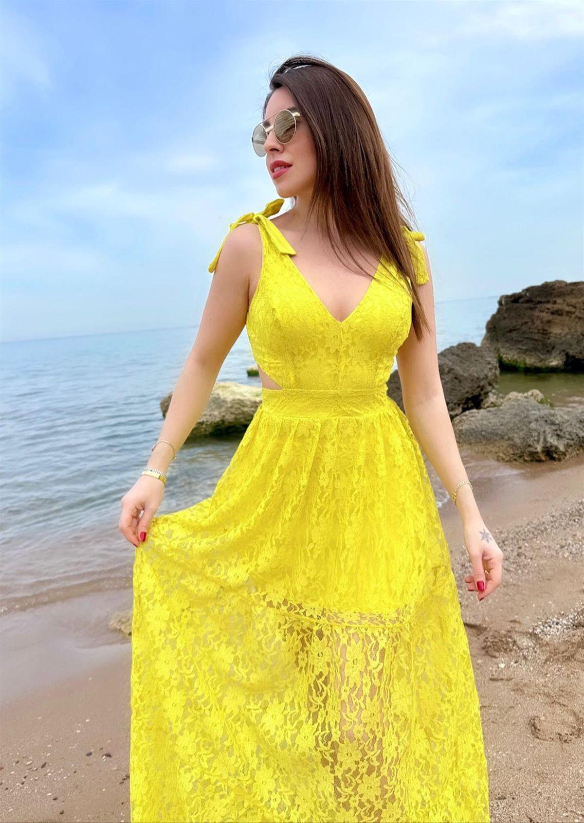 Astarlı Dantel Elbise Hardal - Sarı