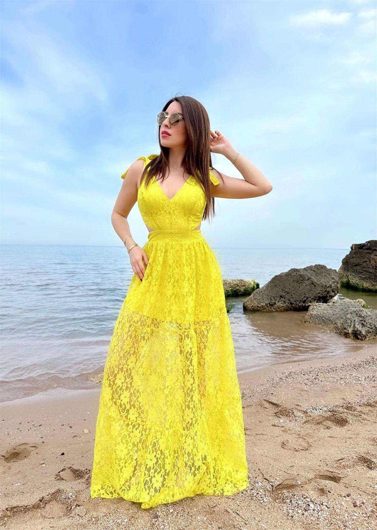 Astarlı Dantel Elbise Hardal - Sarı