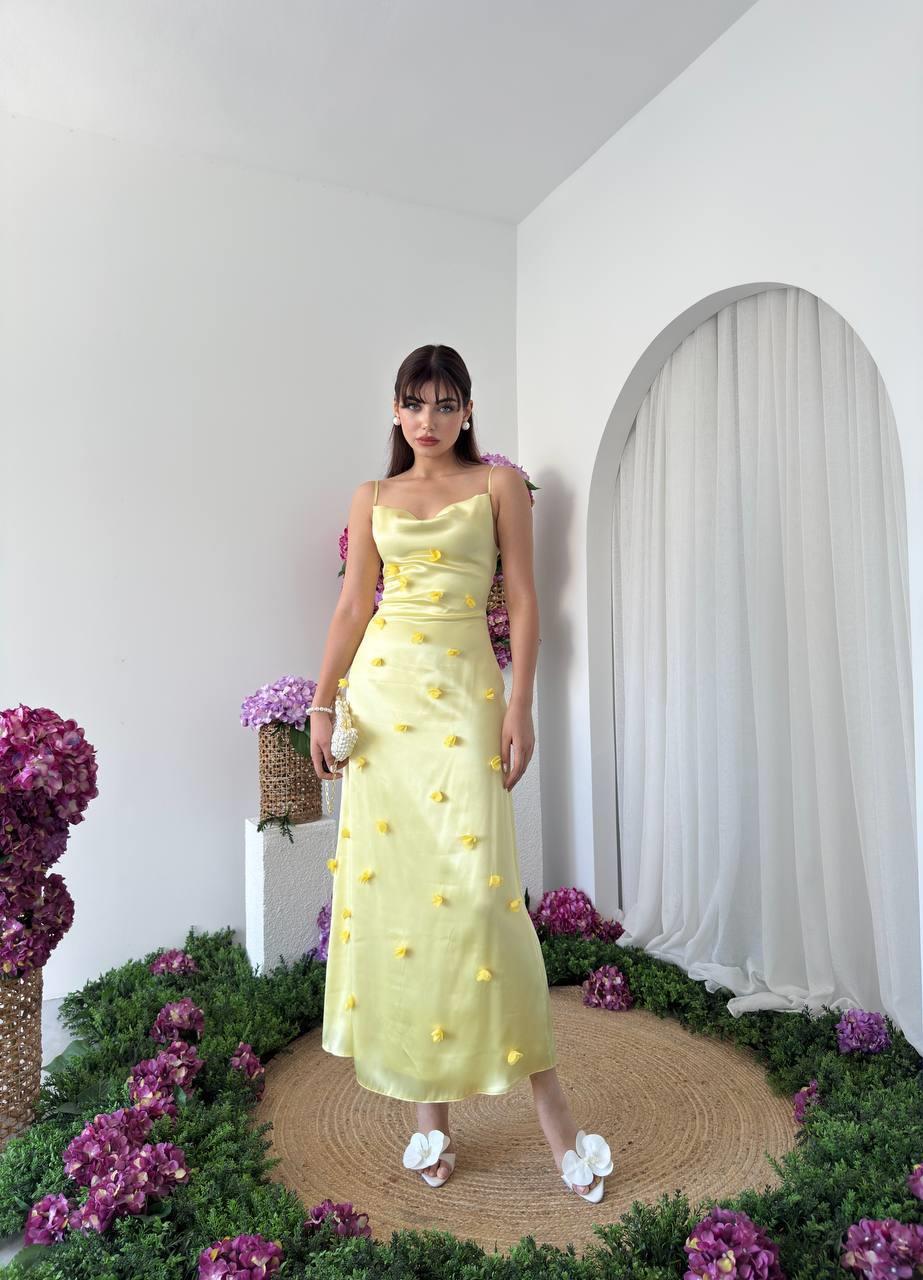 Kadın Tasarım Saten Askılı Çiçek Detay Elbise Sara