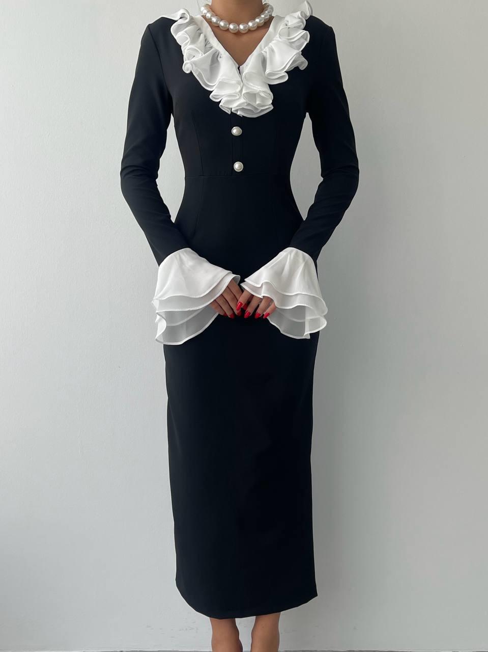 Liplan Yaka Fırfırlı Midi Boy Elbise