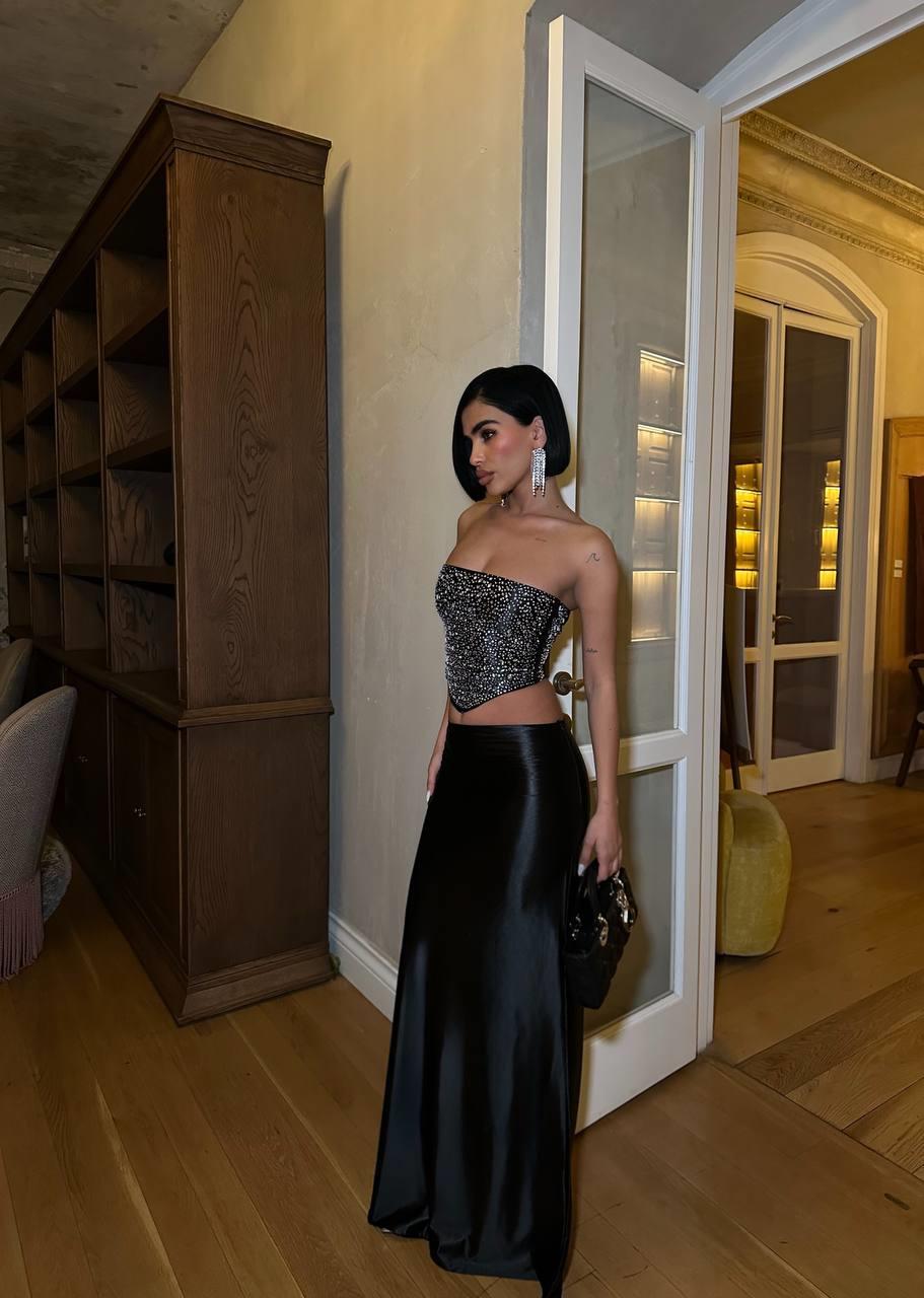 Kuş Gözü Bağlamalı Kristal Taş Detaylı Straplez Takım