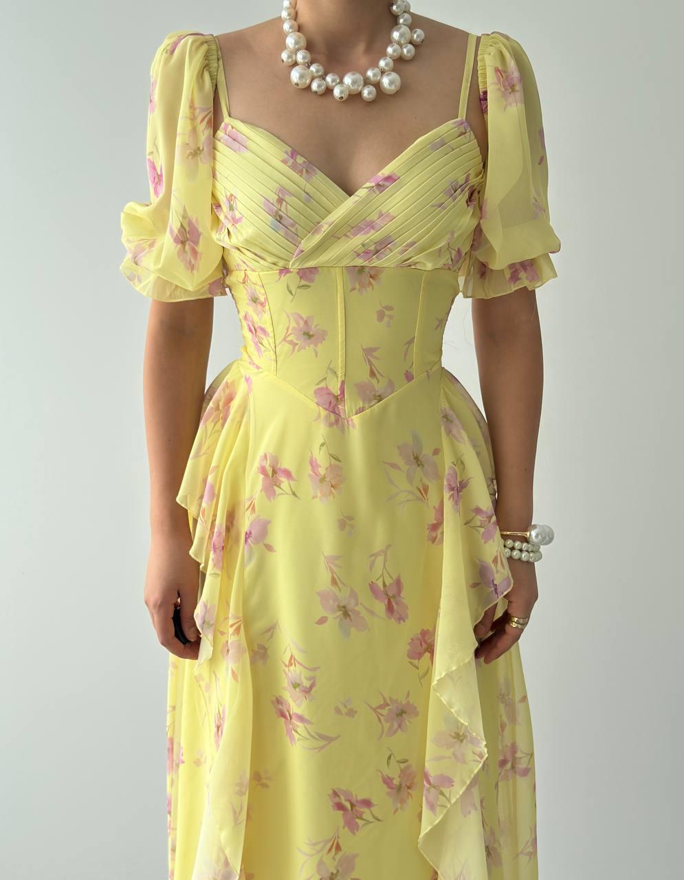 Lora Çiçekli Şifon Tasarım Elbise