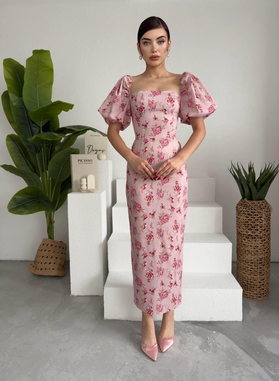 Balon Kol Çiçekli Uzun Elbise