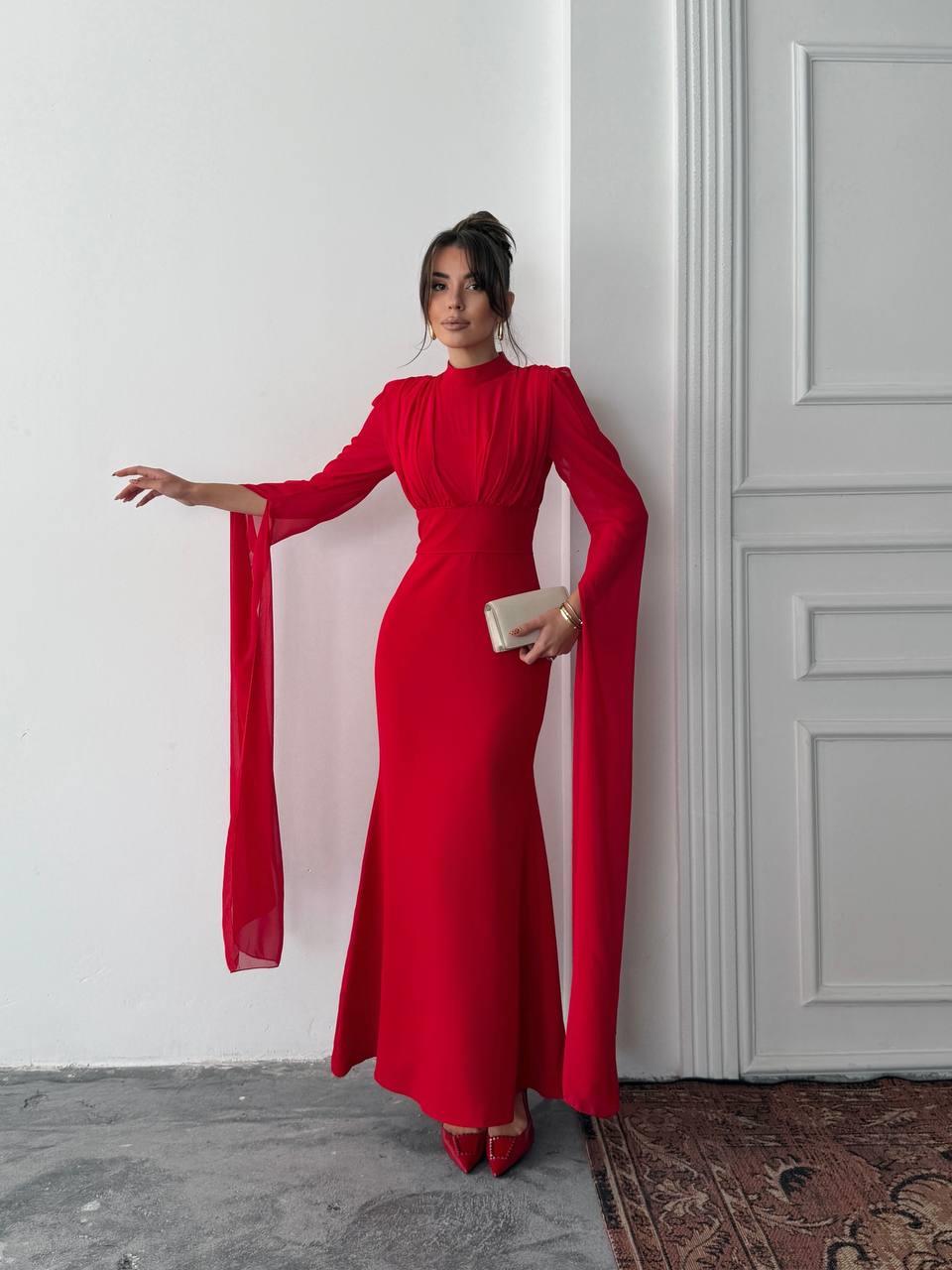 Karen Tül Kol Korsaj Bağlamalı Uzun Elbise