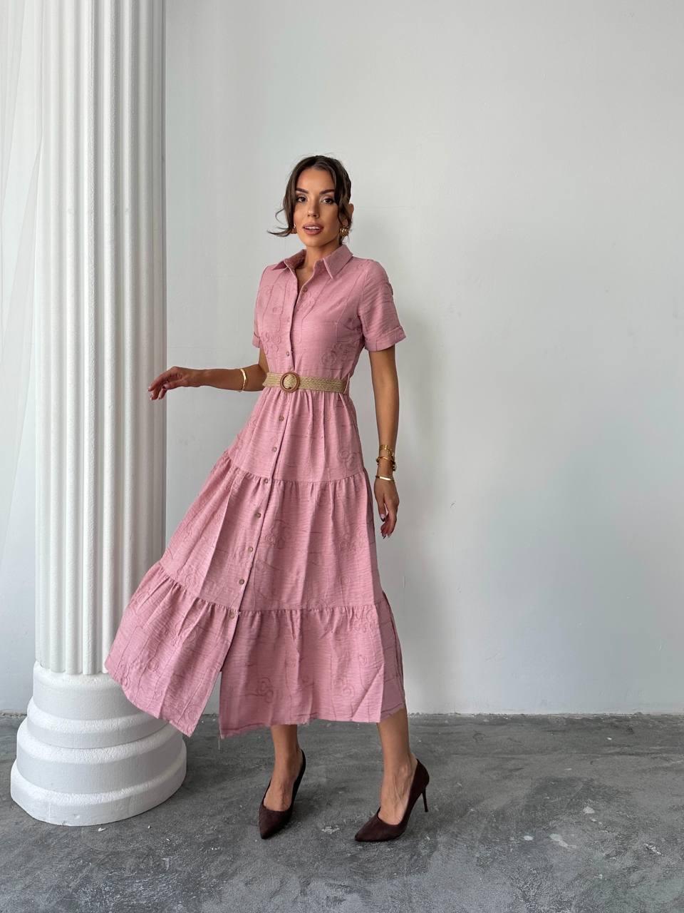 Sofya Keten Kemerli Midi Elbise