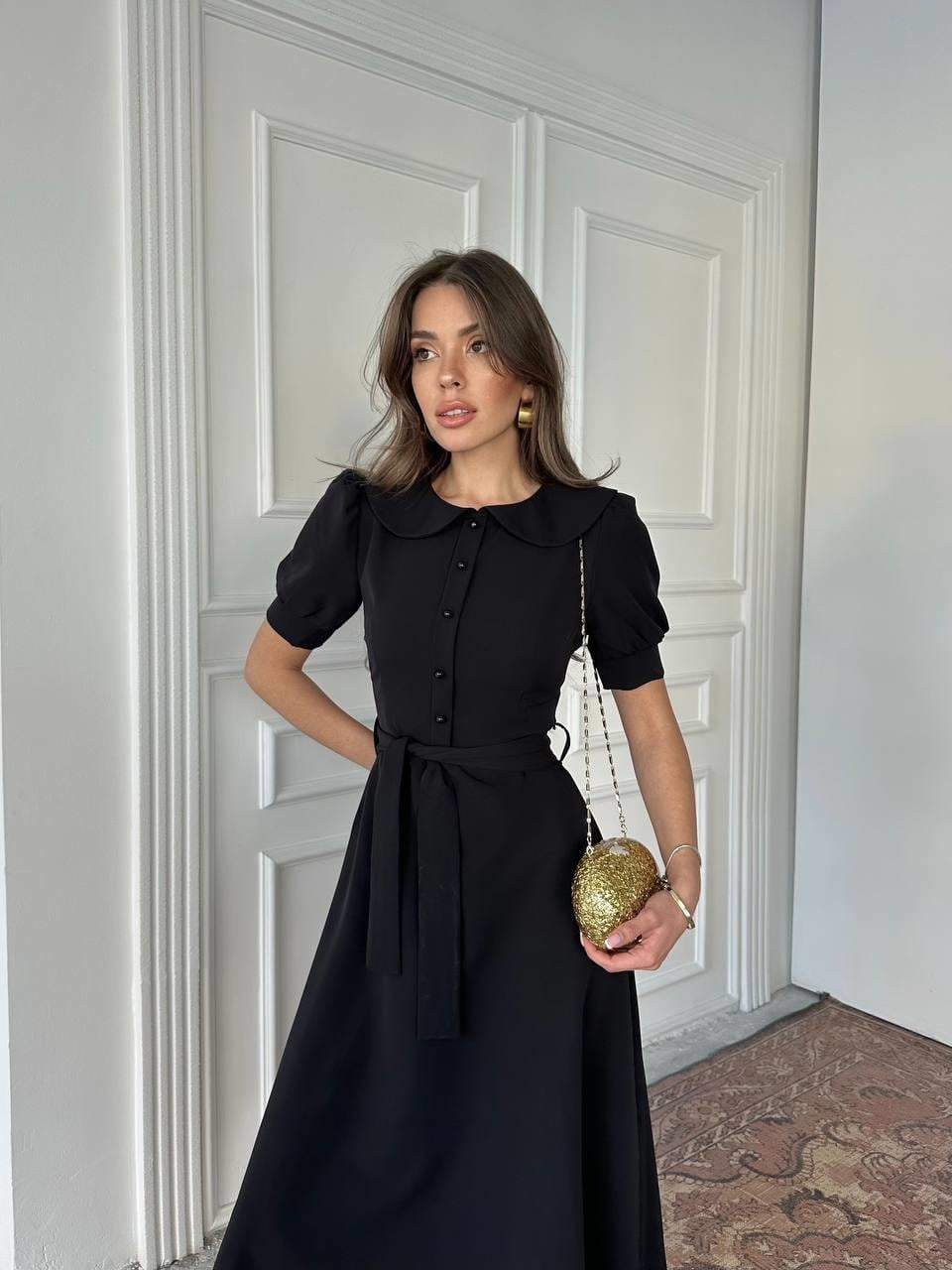 Bebe Yaka Düğmeli Midi Atlas Elbise