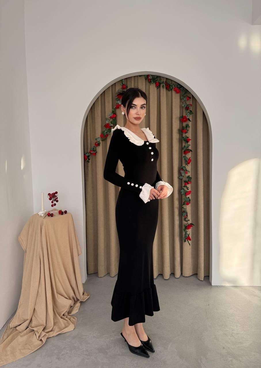 Bebe Yaka Düğmeli Uzun Triko Elbise