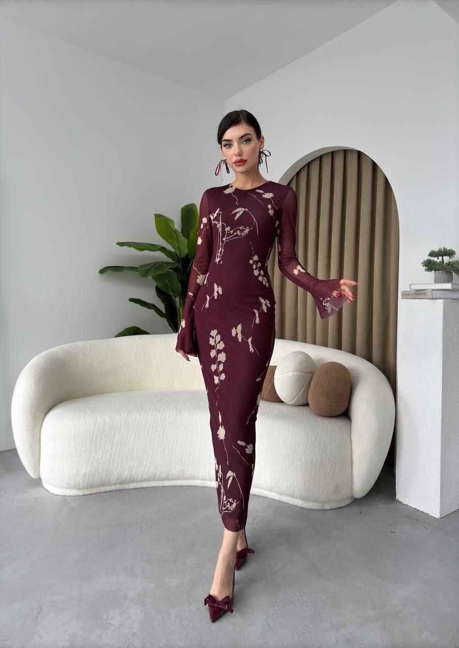 Bordo Tül Streç Astarlı Elbise