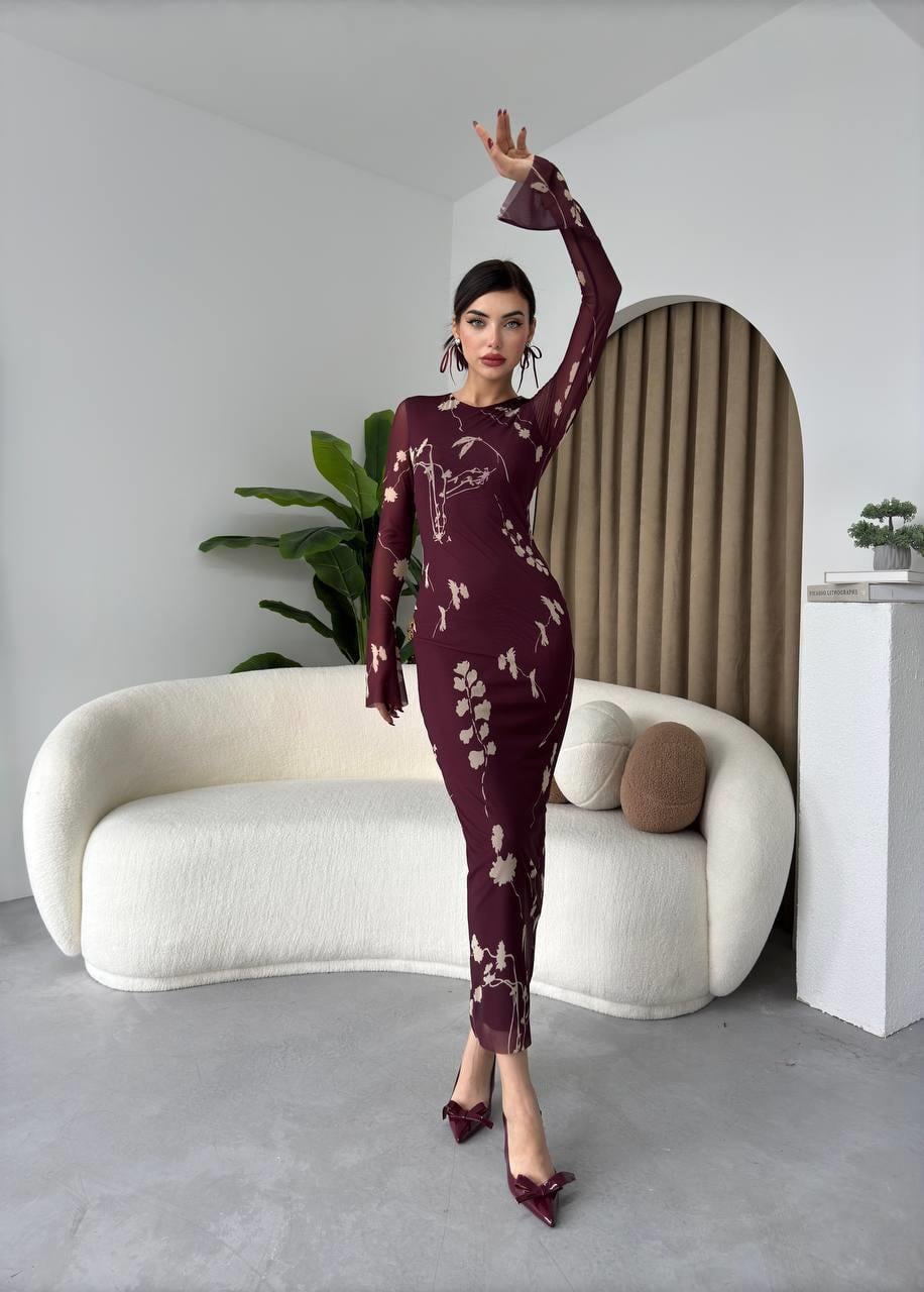 Bordo Tül Streç Astarlı Elbise