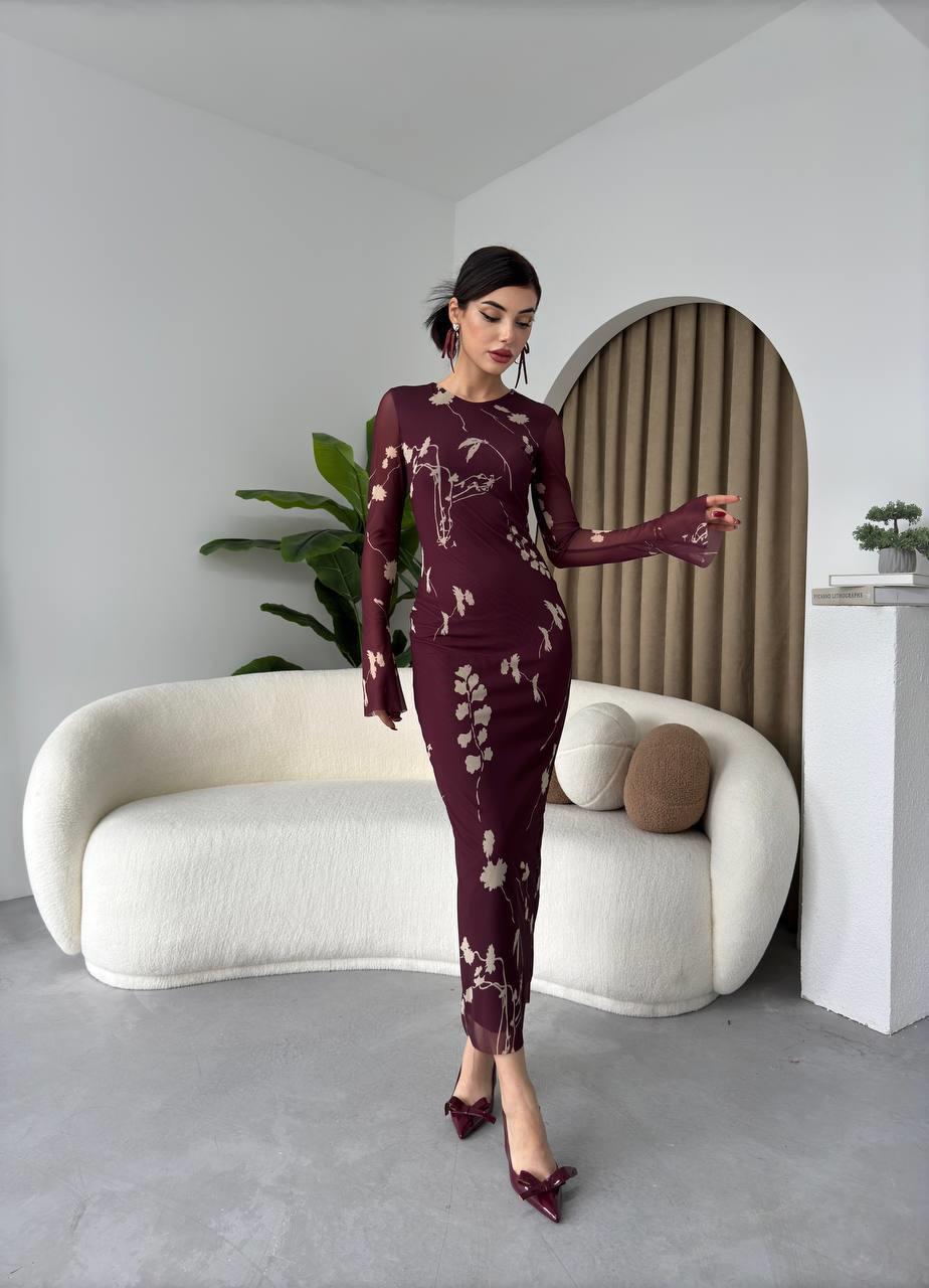 Bordo Tül Streç Astarlı Elbise