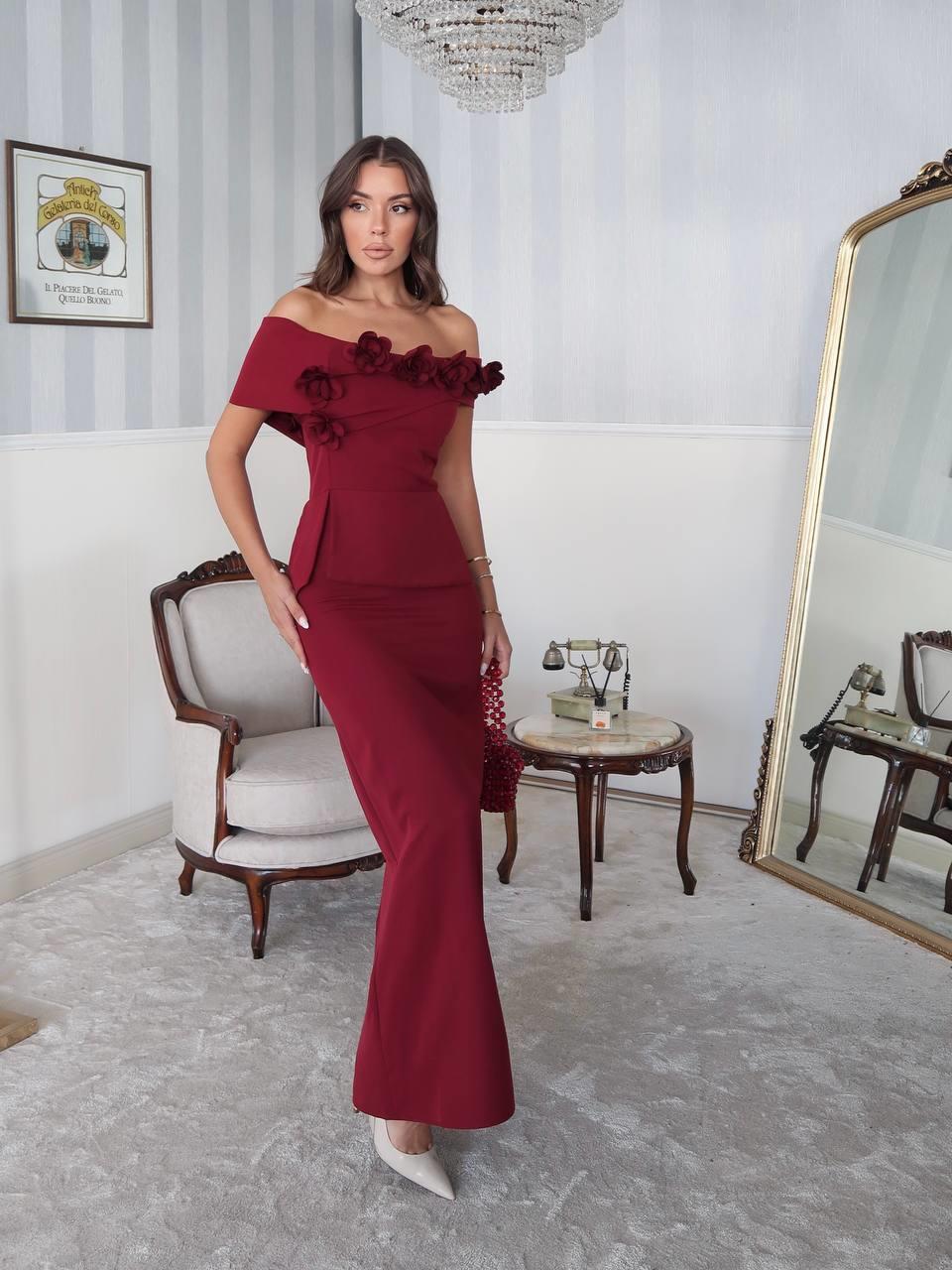 Rina Tasarım Çiçek Detay Uzun Elbise