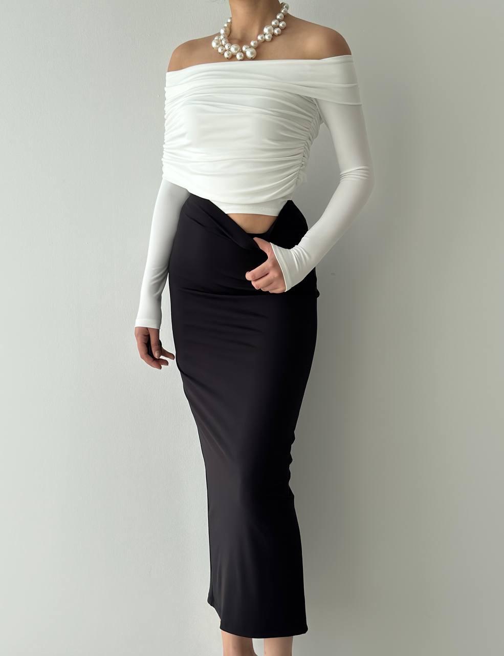 Ivory Drapeli Omuz Açık Detay Uzun Elbise