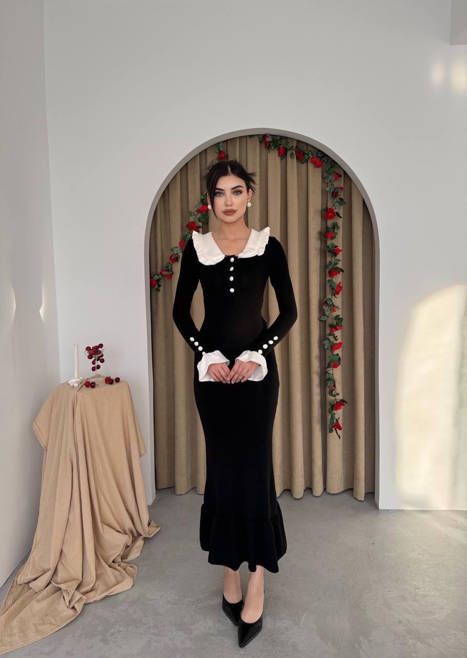Arlena Retro Fırfır Detay Uzun Triko Elbise