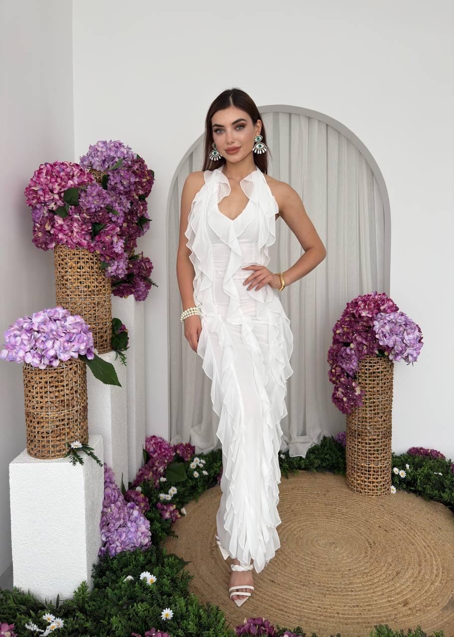 Lotus Şifon Fırfır Detay Uzun Elbise