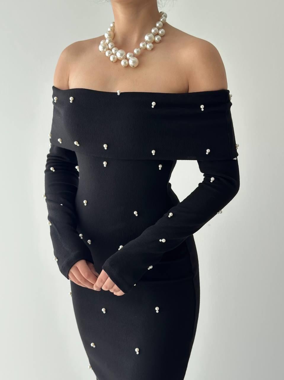 Marvella İnci Boncuk Detay Straplez Uzun Elbise