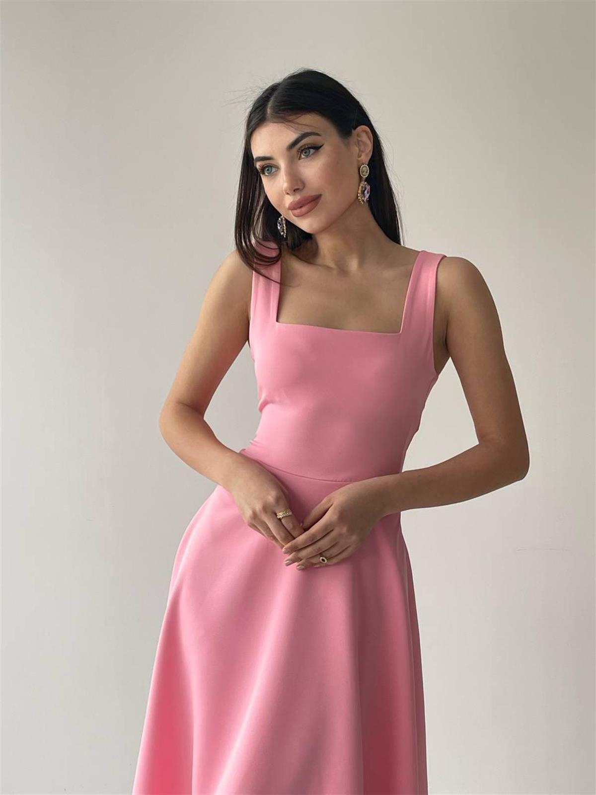  Calliope Kare Yaka Midi Boy Elbise -00037 - Pembe