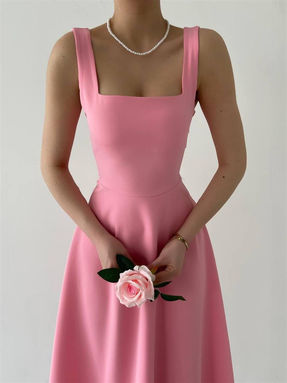  Calliope Kare Yaka Midi Boy Elbise -00037 - Pembe