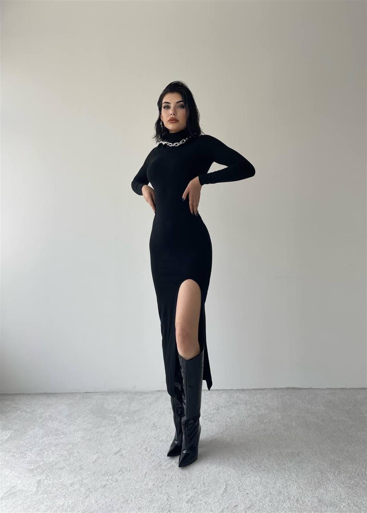 Castillone Yırtmaçlı Midi Elbise - Siyah