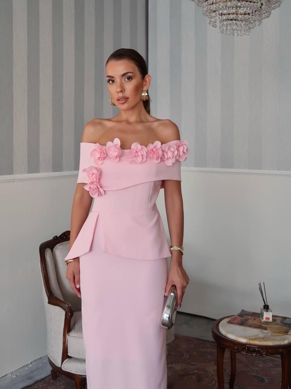 Rina Tasarım Çiçek Detay Uzun Elbise