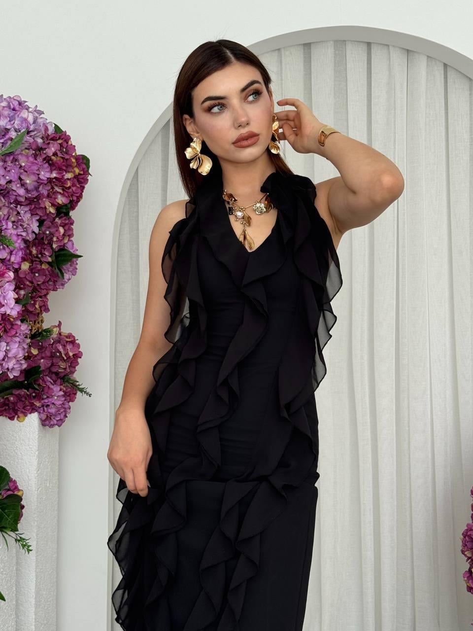 Lotus Şifon Fırfır Detay Uzun Elbise