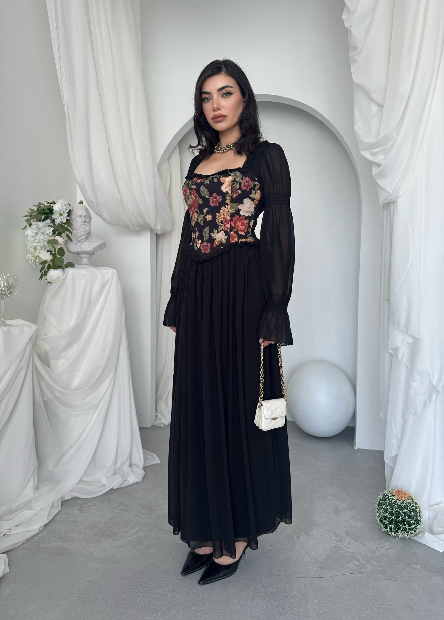 Elfı Çiçek Detaylı Elbise Kod 01041