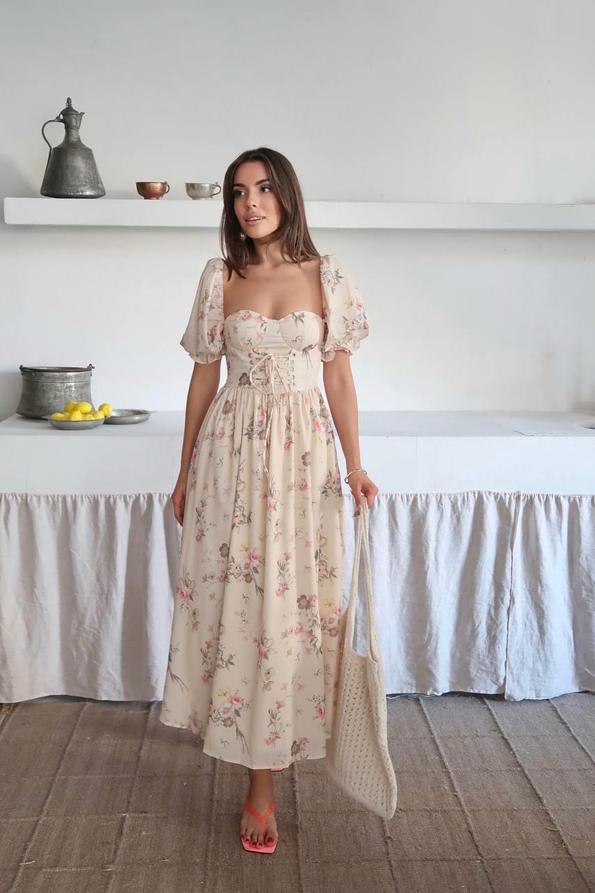 Çiçek Desenli Gloplu Tasarım Zoe Elbise