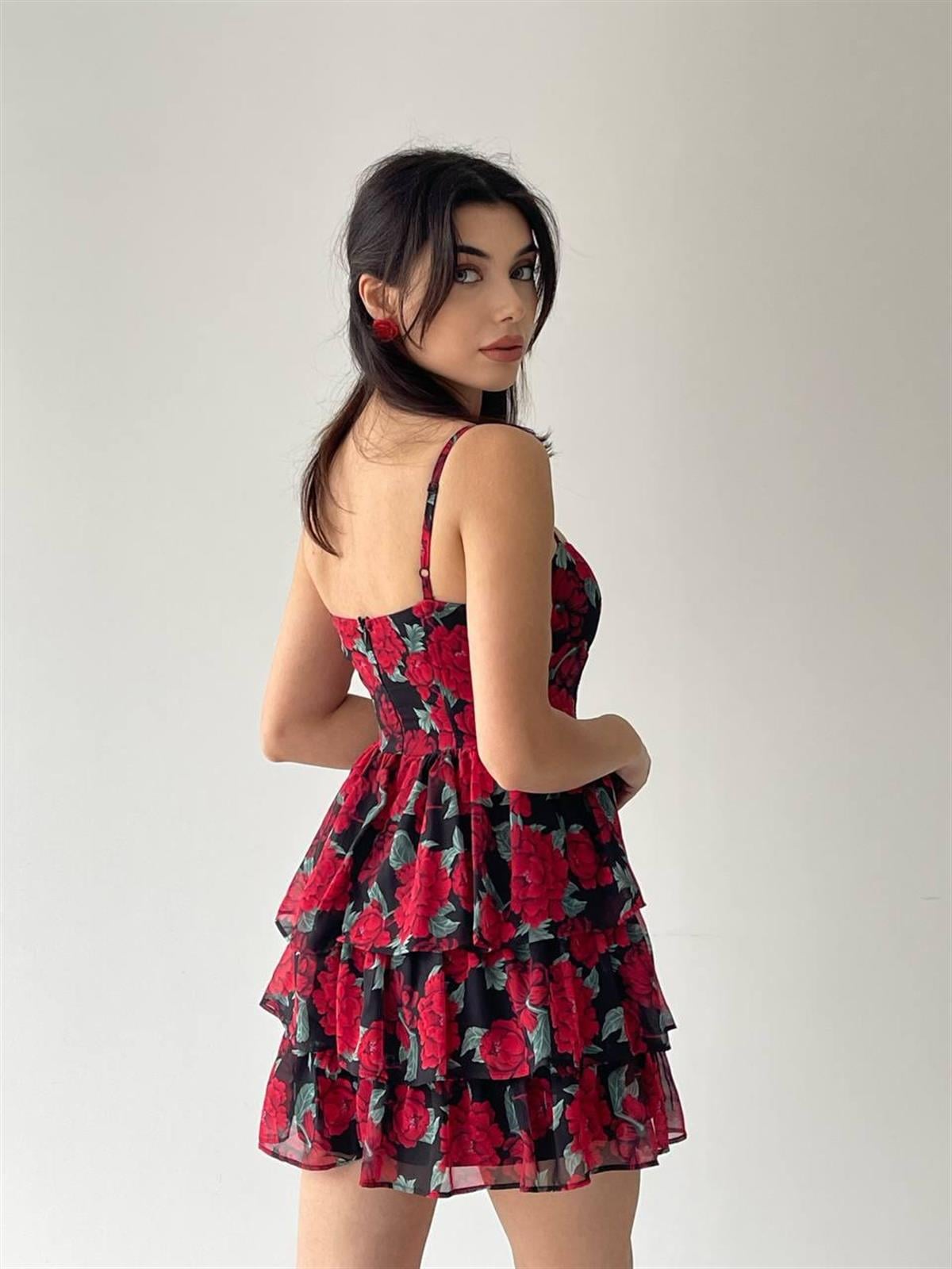 Çiçekli Askılı Şifon Elbise 