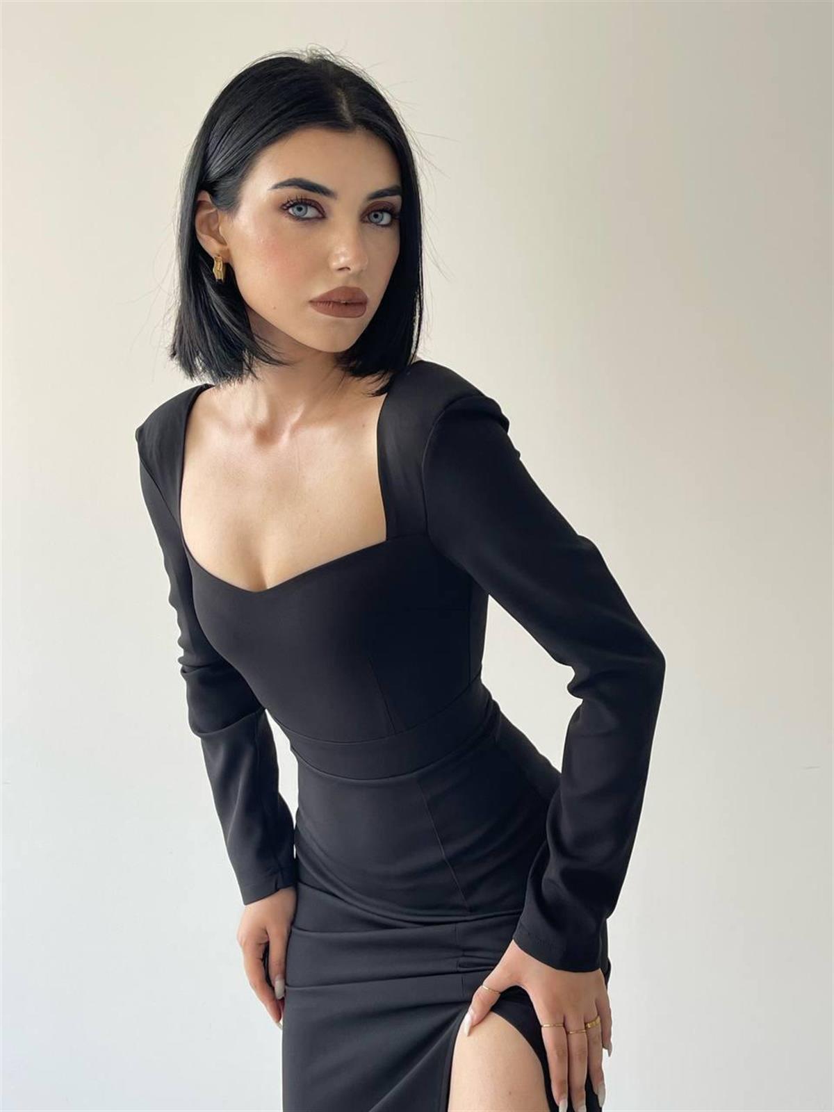 Clara Kalp Yaka Uzun Kol Midi Boy Elbise - Yeşil