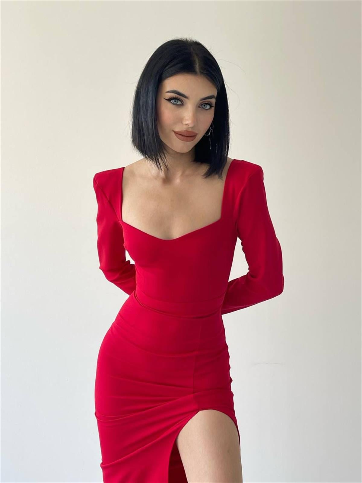 Clara Kalp Yaka Uzun Kol Midi Boy Elbise - Kırmızı