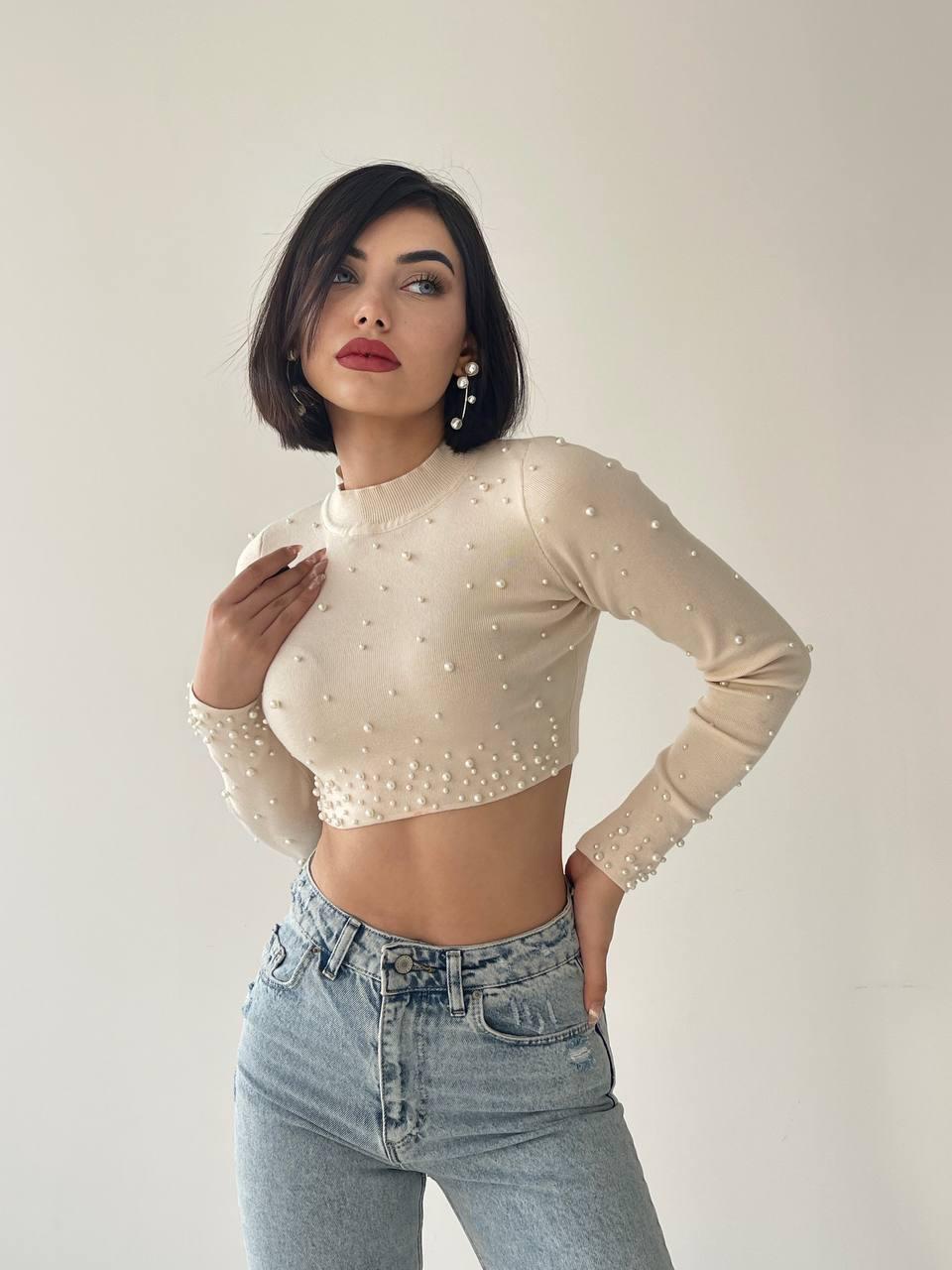 Cloi İnci Detay Crop - Bej