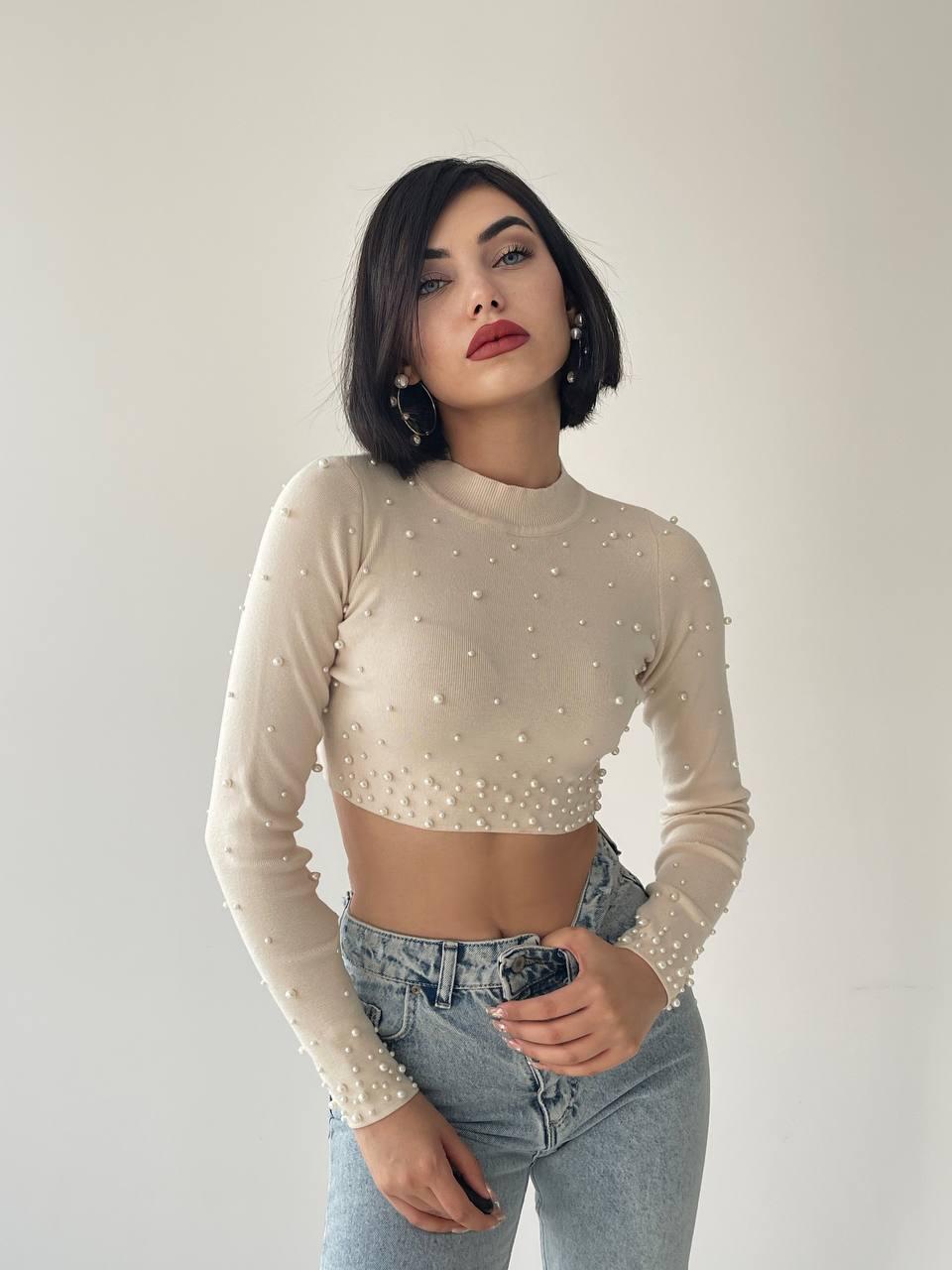 Cloi İnci Detay Crop - Bej