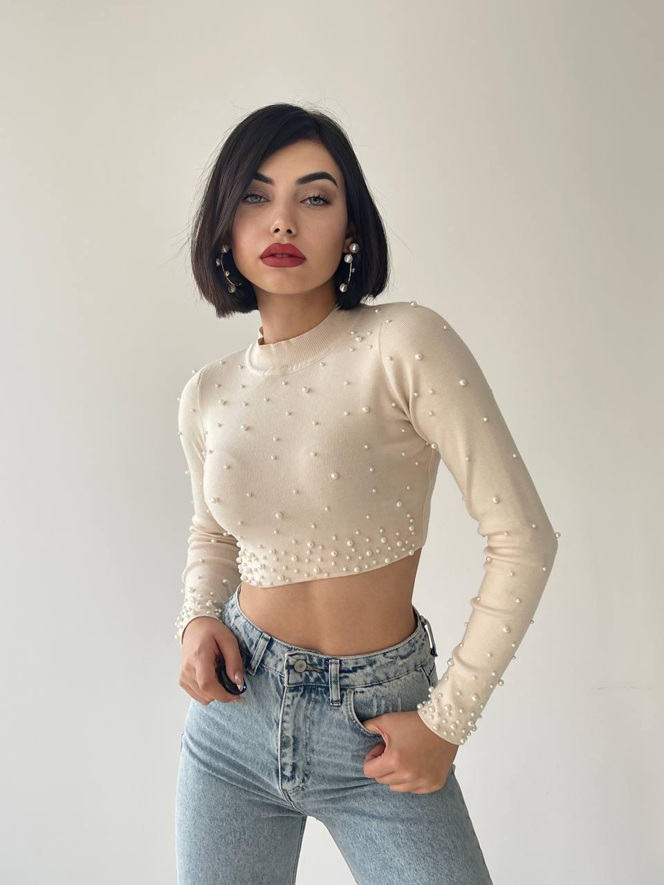 Cloi İnci Detay Crop - Bej